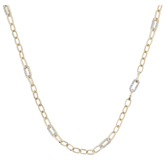 Gold Oval Link Chain with Crystal Embellished Link Stations Necklace, 3" Ext