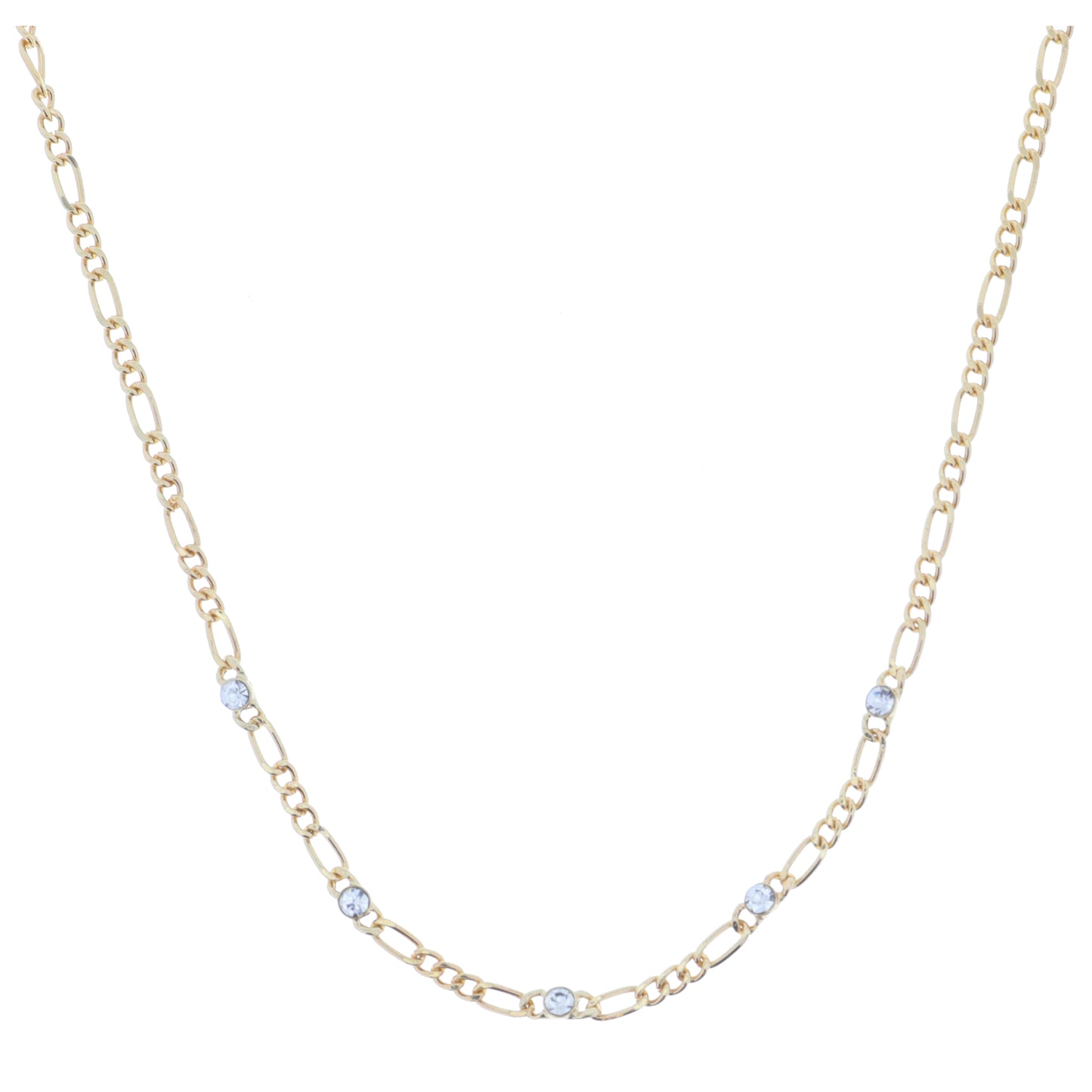 Gold Figaro Chain with Crystal Stations Necklace, 3" Ext