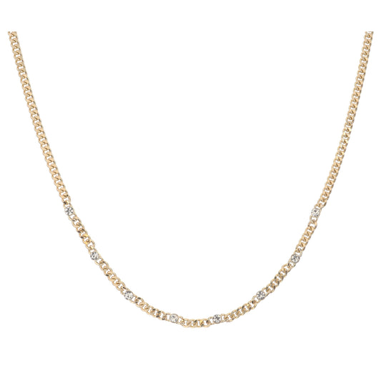 Gold Curb Chain with Crystal Stations Necklace, 3" Ext