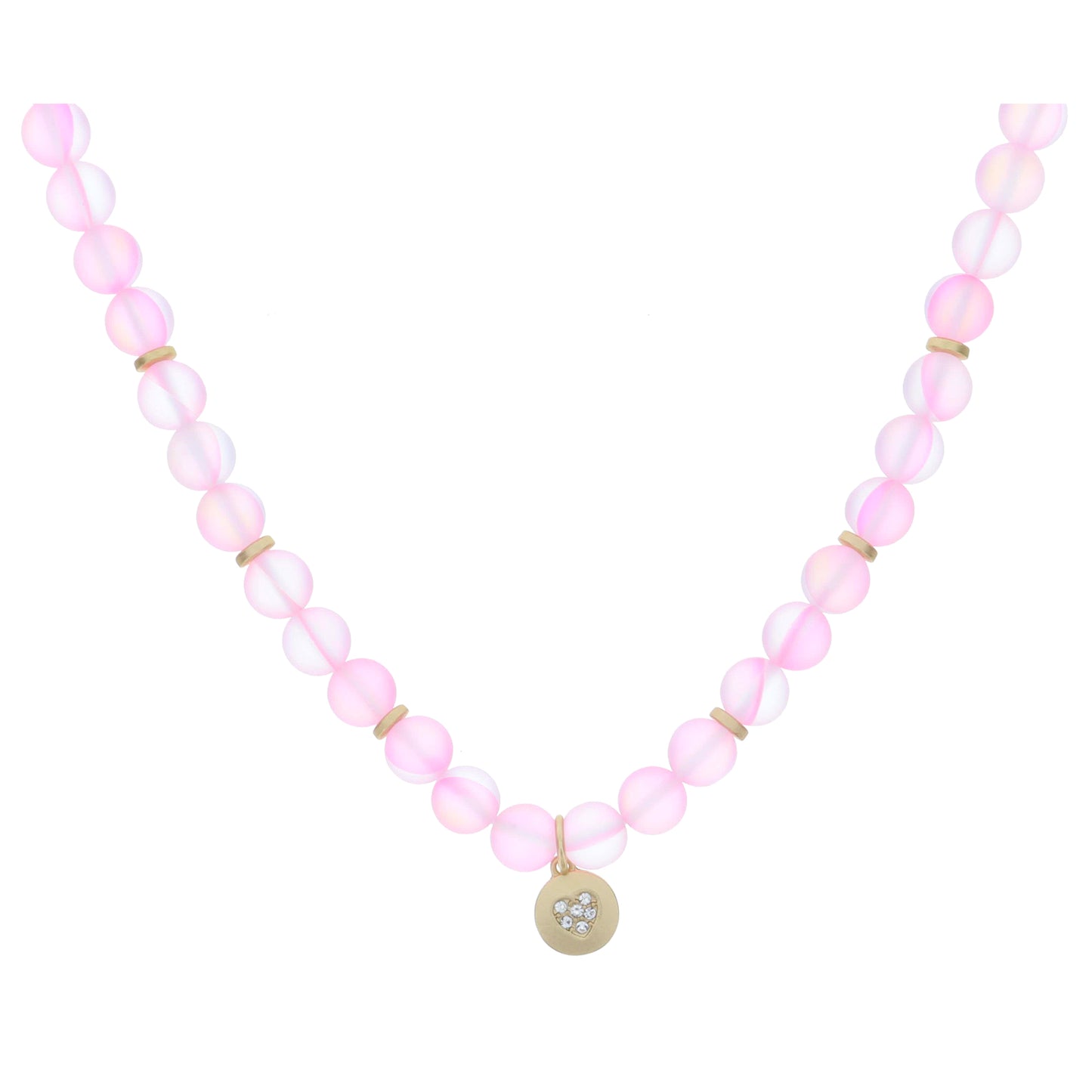 Kids Pink Opal Beaded with Crystal Heart Gold Disc Necklace