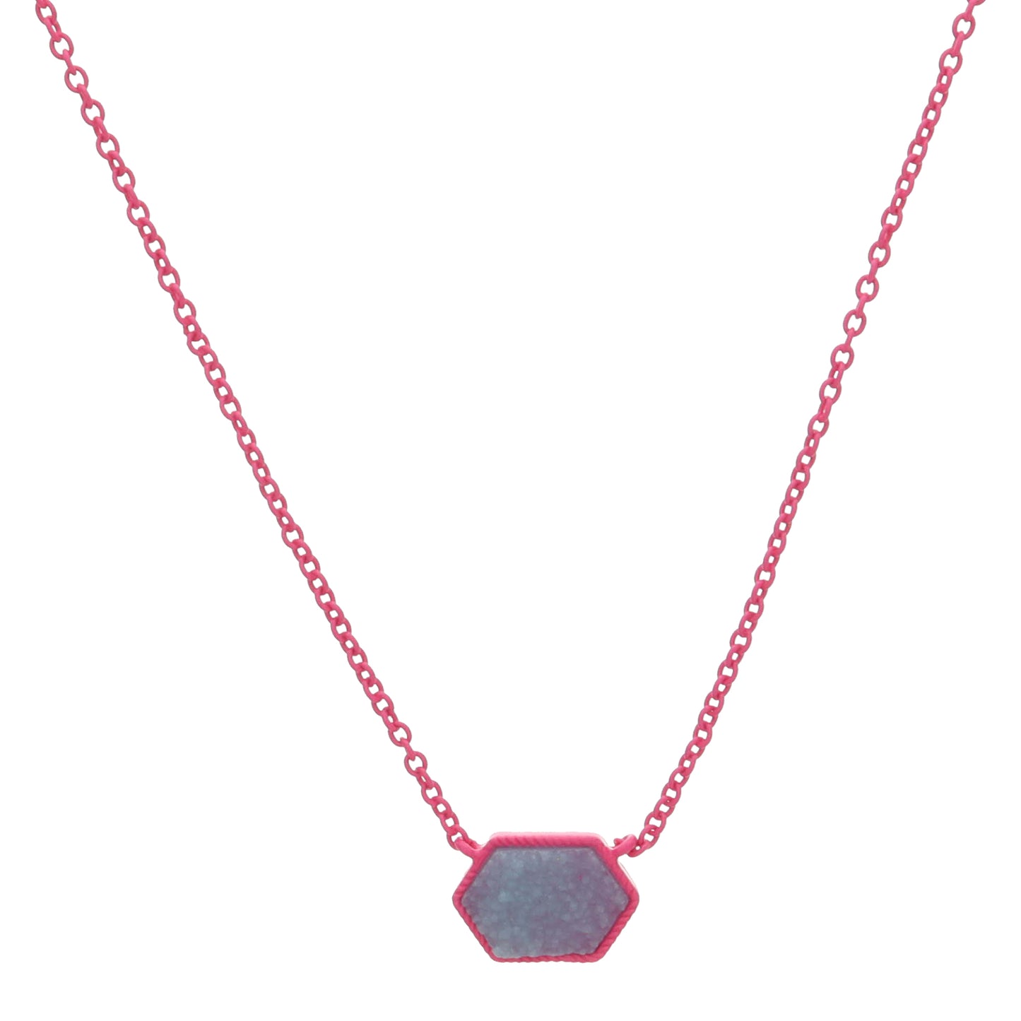 Kids Dark Pink Enamel Chain and Encasing with Aqua Druzy Hexagon Necklace