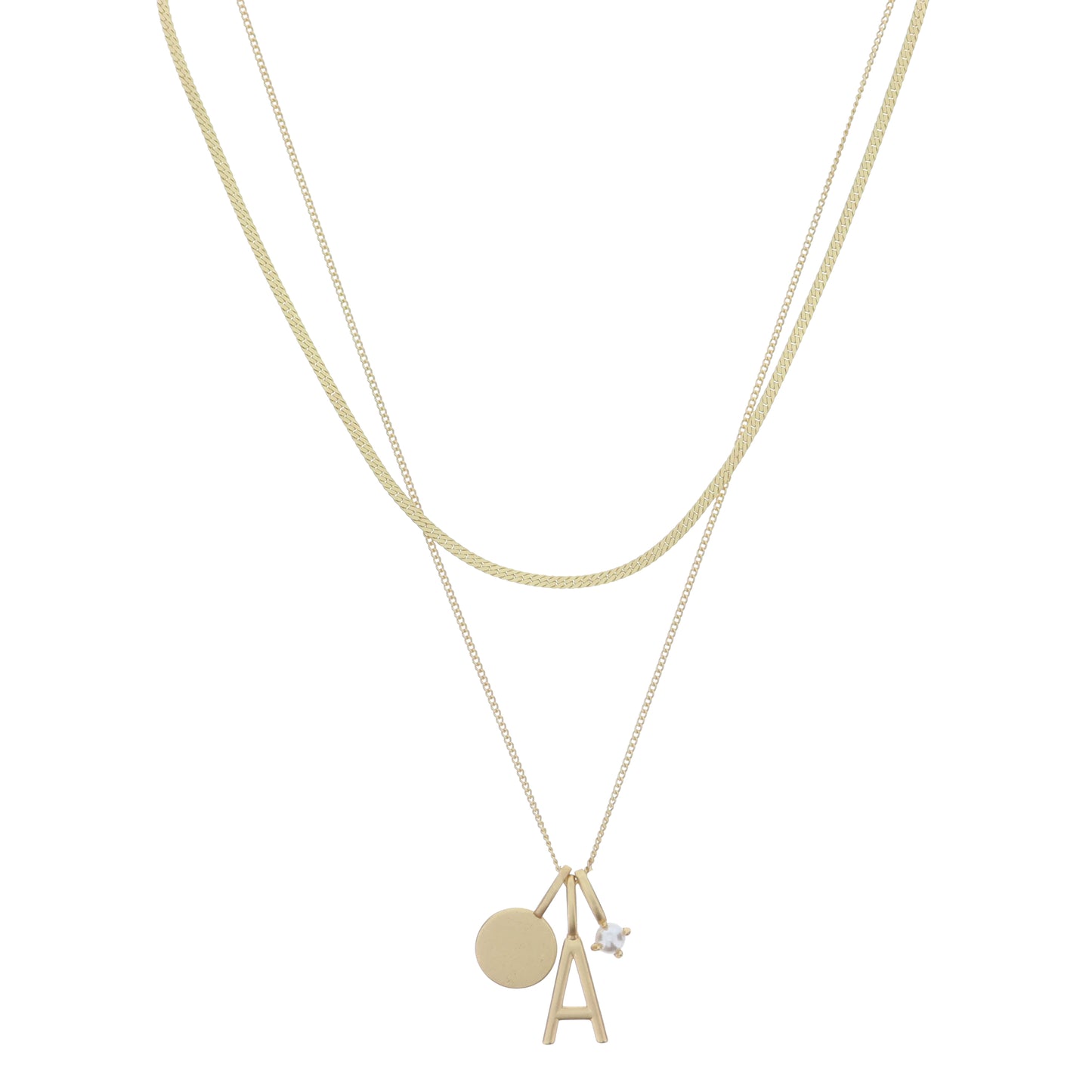 Dainty Herringbone Chain, Gold Chain with Gold Disc, Gold "A" Initial, Pearl Charm Cluster Necklace