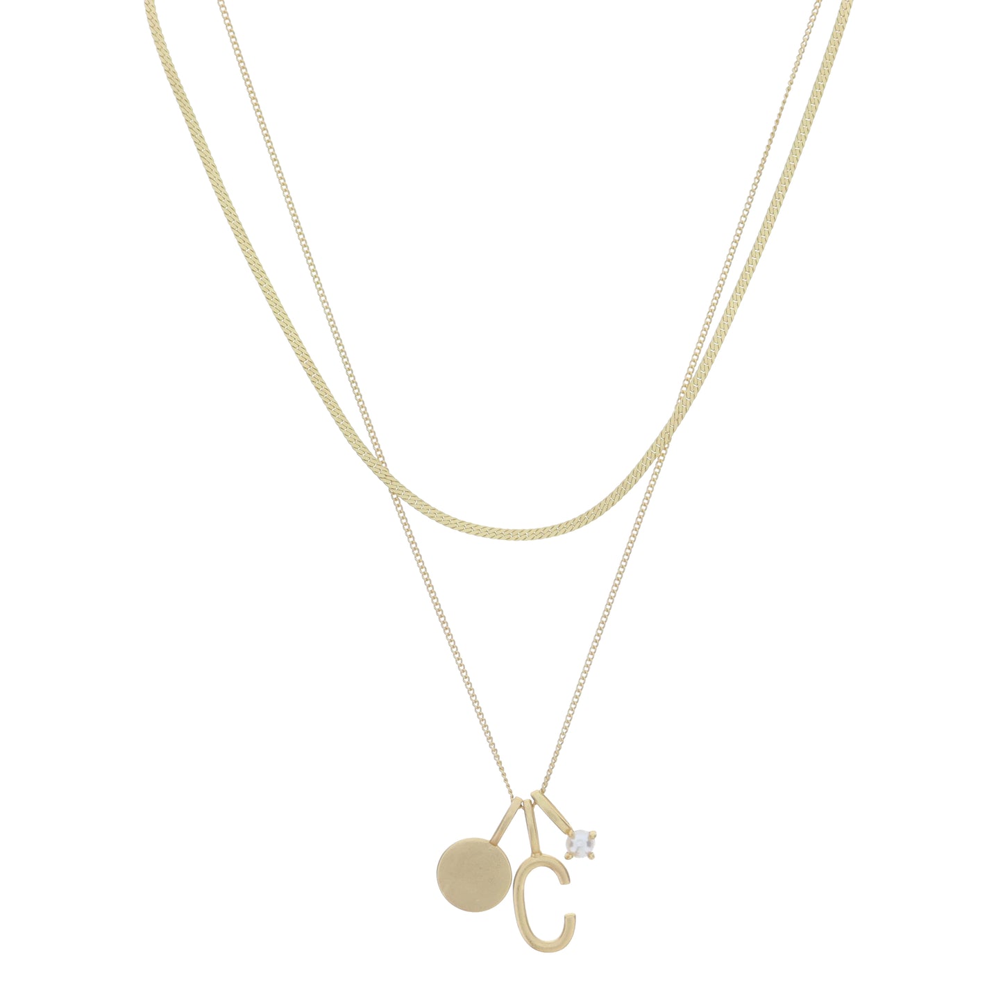 Dainty Herringbone Chain, Gold Chain with Gold Disc, Gold "C" Initial, Pearl Charm Cluster Necklace
