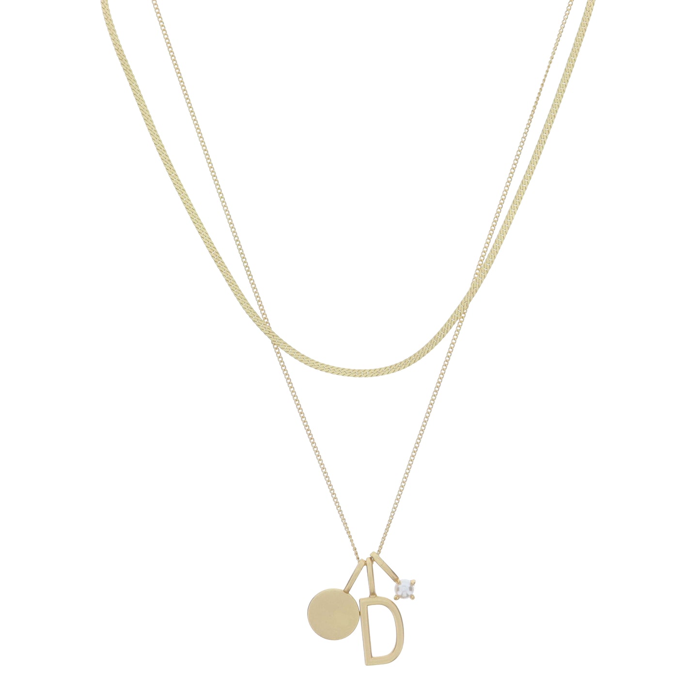 Dainty Herringbone Chain, Gold Chain with Gold Disc, Gold "D" Initial, Pearl Charm Cluster Necklace