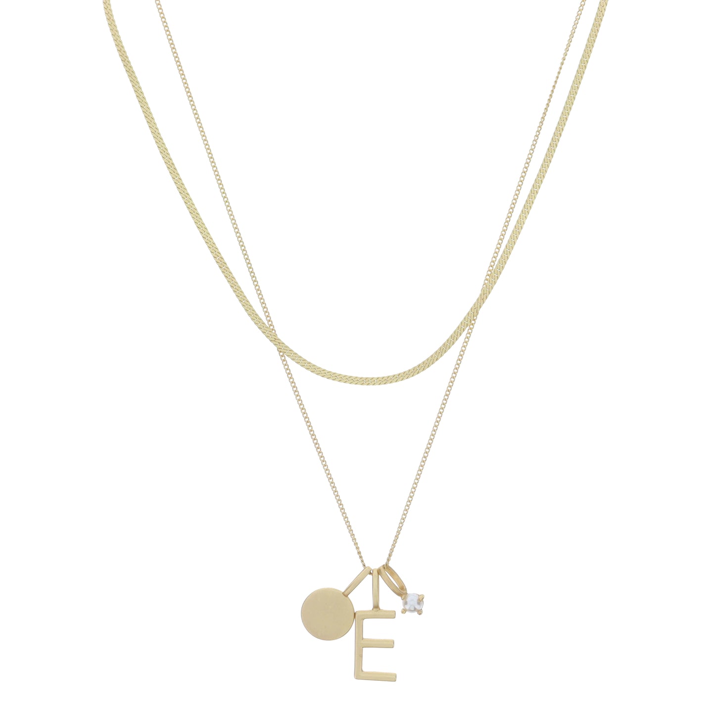 Dainty Herringbone Chain, Gold Chain with Gold Disc, Gold "E" Initial, Pearl Charm Cluster Necklace