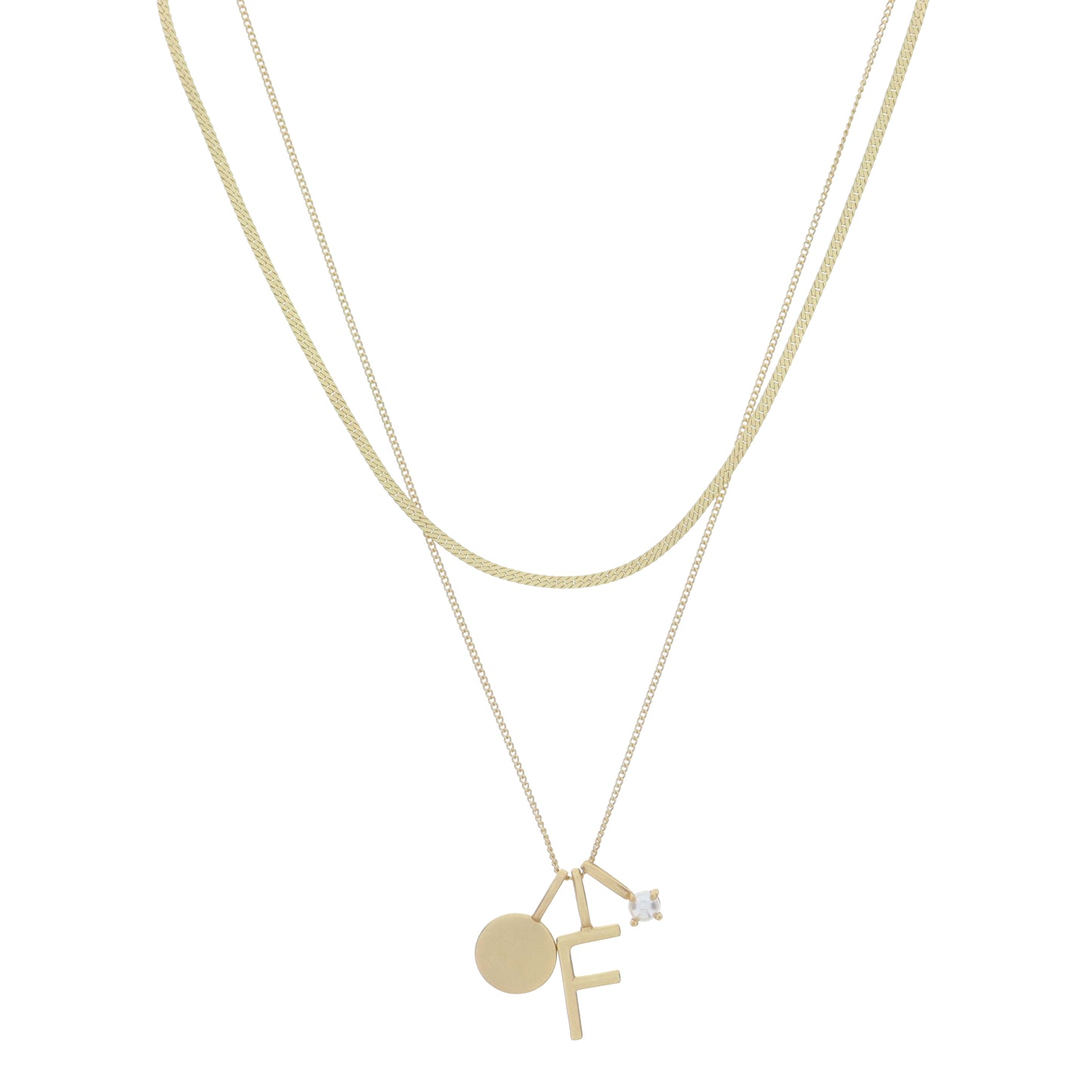 Dainty Herringbone Chain, Gold Chain with Gold Disc, Gold "F" Initial, Pearl Charm Cluster Necklace