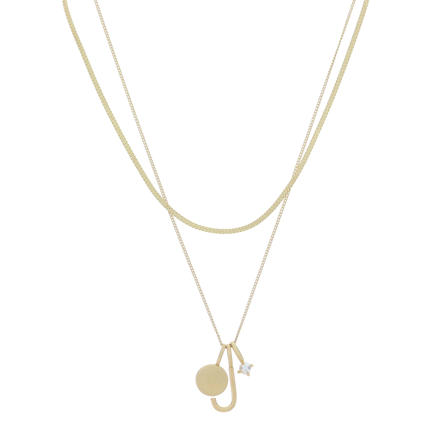 Dainty Herringbone Chain, Gold Chain with Gold Disc, Gold "J" Initial, Pearl Charm Cluster Necklace
