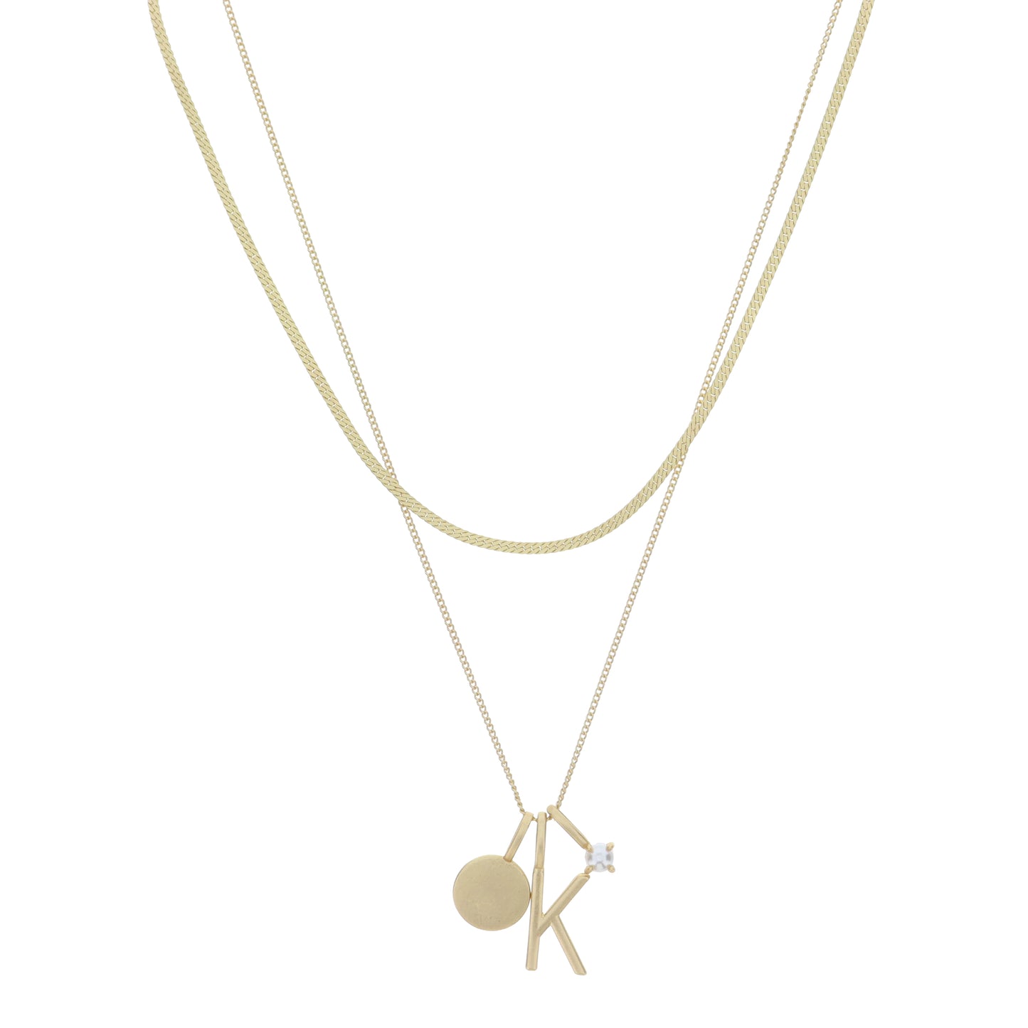 Dainty Herringbone Chain, Gold Chain with Gold Disc, Gold "K" Initial, Pearl Charm Cluster Necklace