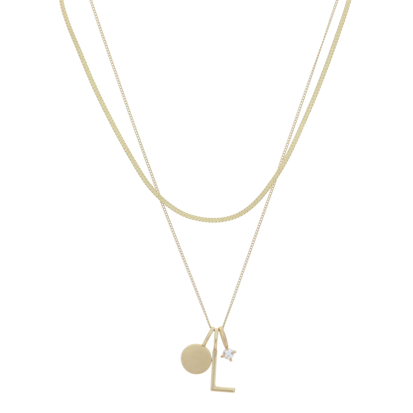 Dainty Herringbone Chain, Gold Chain with Gold Disc, Gold "L" Initial, Pearl Charm Cluster Necklace