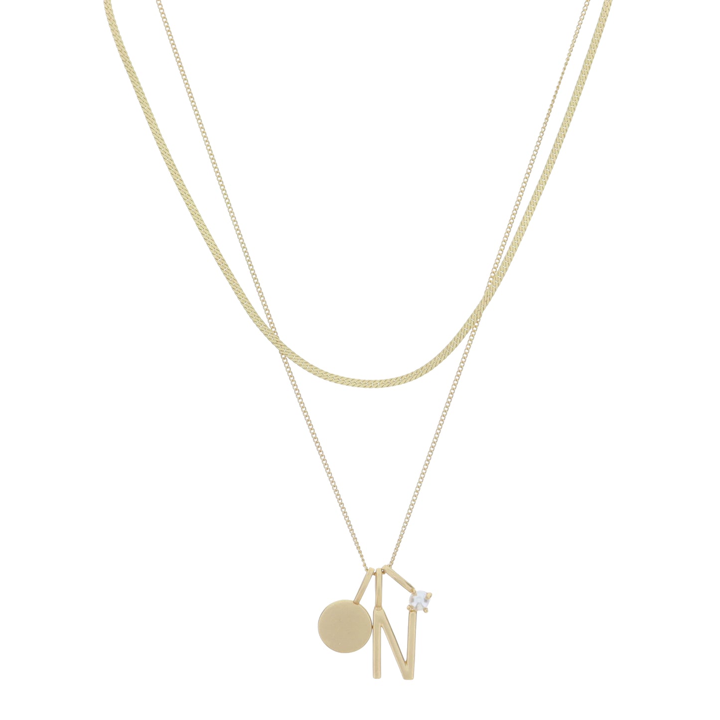 Dainty Herringbone Chain, Gold Chain with Gold Disc, Gold "N" Initial, Pearl Charm Cluster Necklace