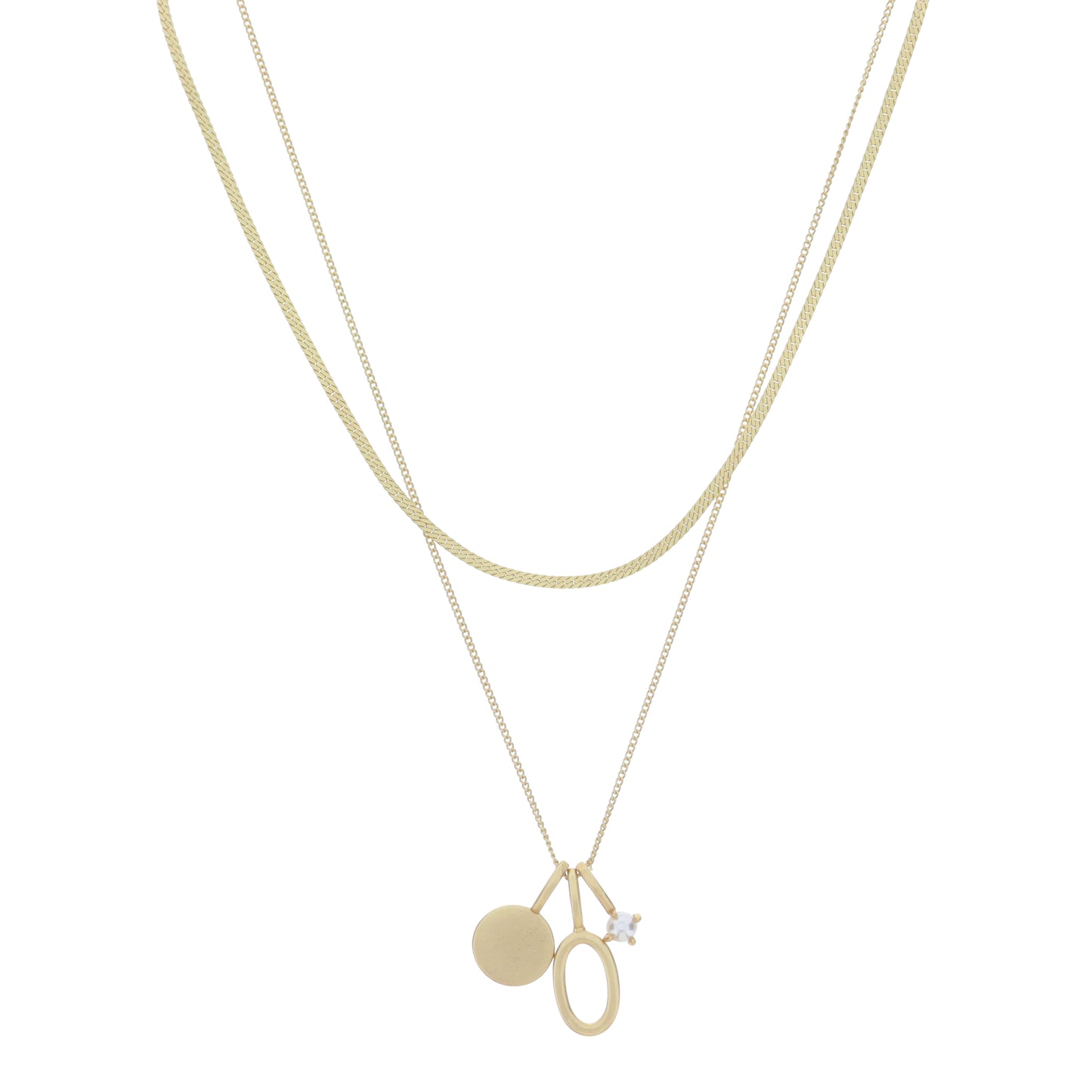 Dainty Herringbone Chain, Gold Chain with Gold Disc, Gold "O" Initial, Pearl Charm Cluster Necklace