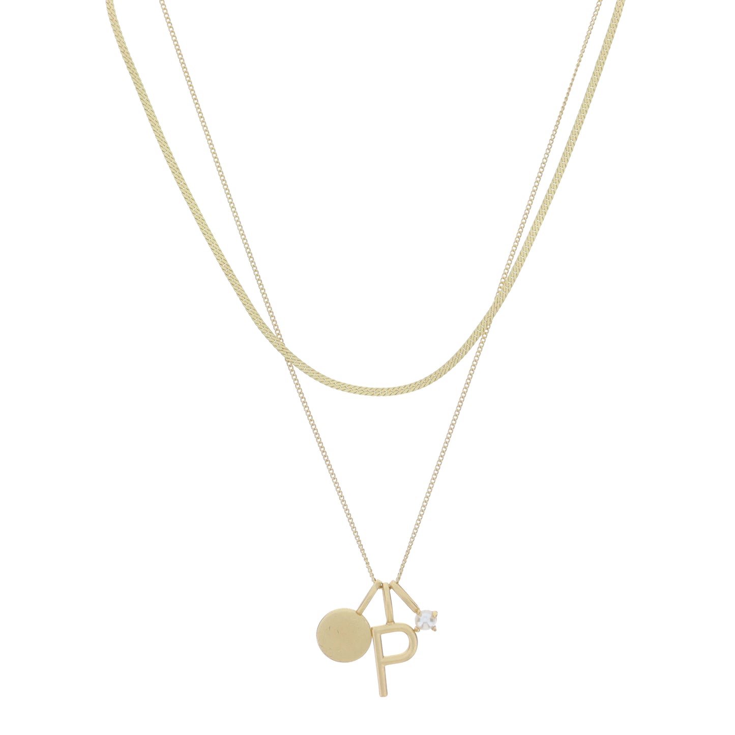 Dainty Herringbone Chain, Gold Chain with Gold Disc, Gold "P" Initial, Pearl Charm Cluster Necklace