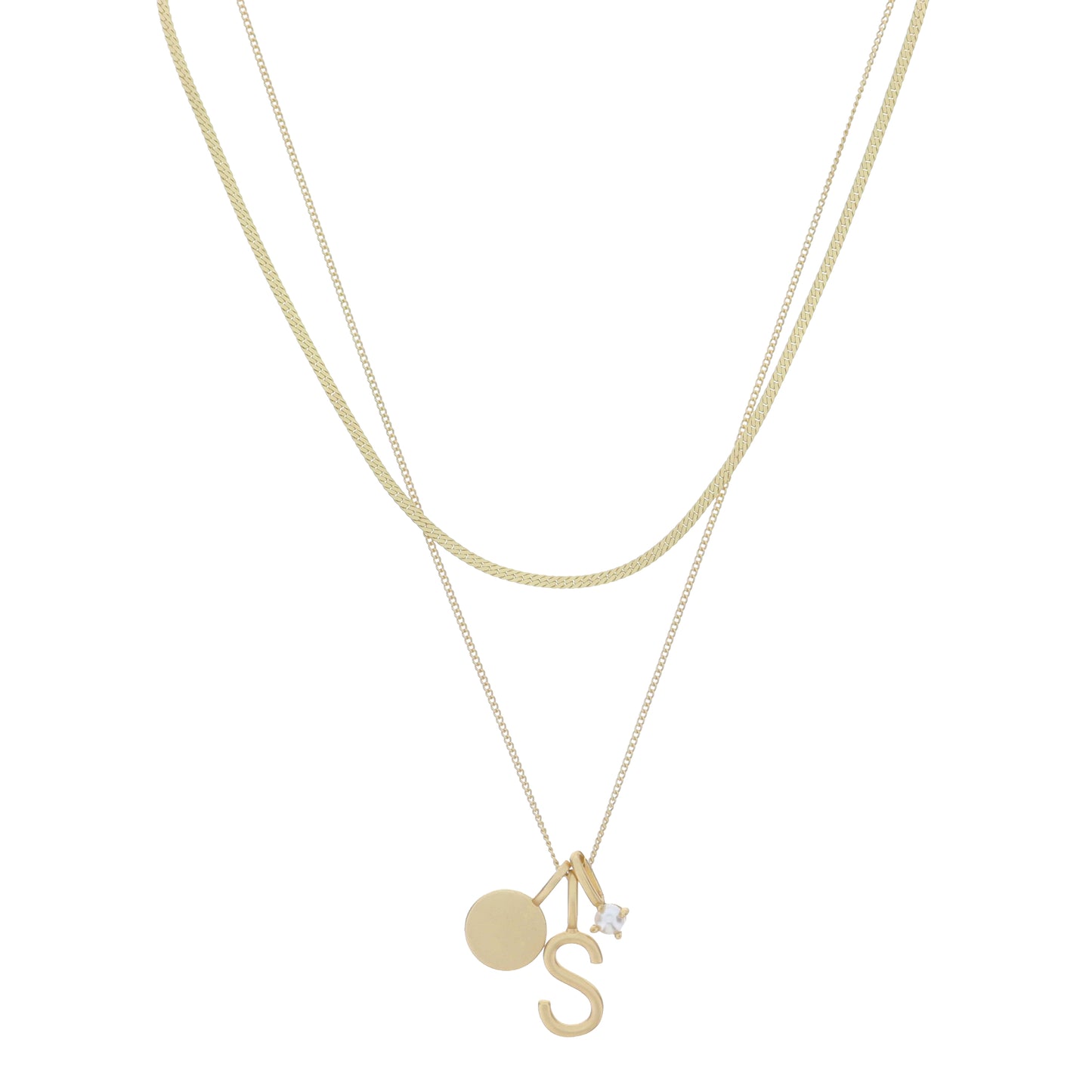 Dainty Herringbone Chain, Gold Chain with Gold Disc, Gold "S" Initial, Pearl Charm Cluster Necklace