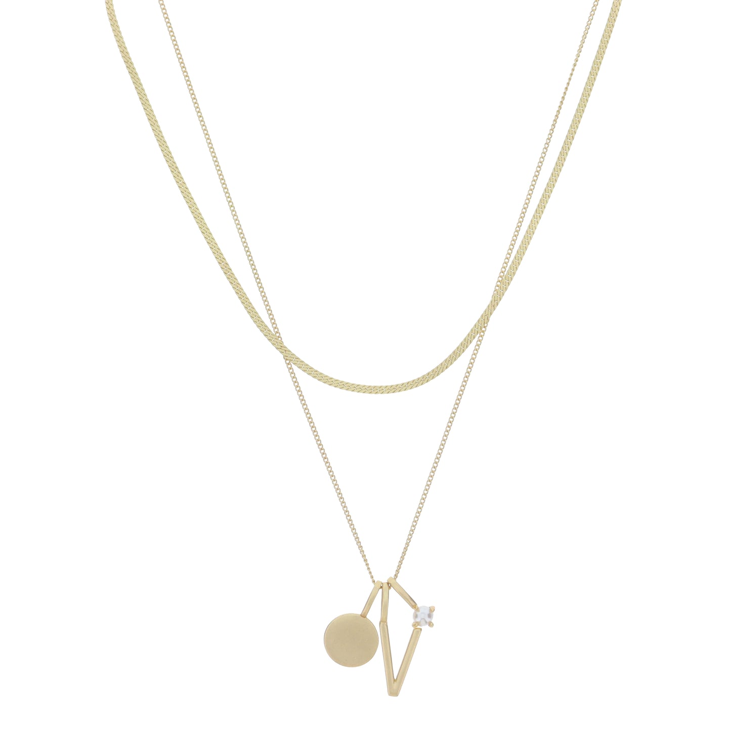 Dainty Herringbone Chain, Gold Chain with Gold Disc, Gold "V" Initial, Pearl Charm Cluster Necklace