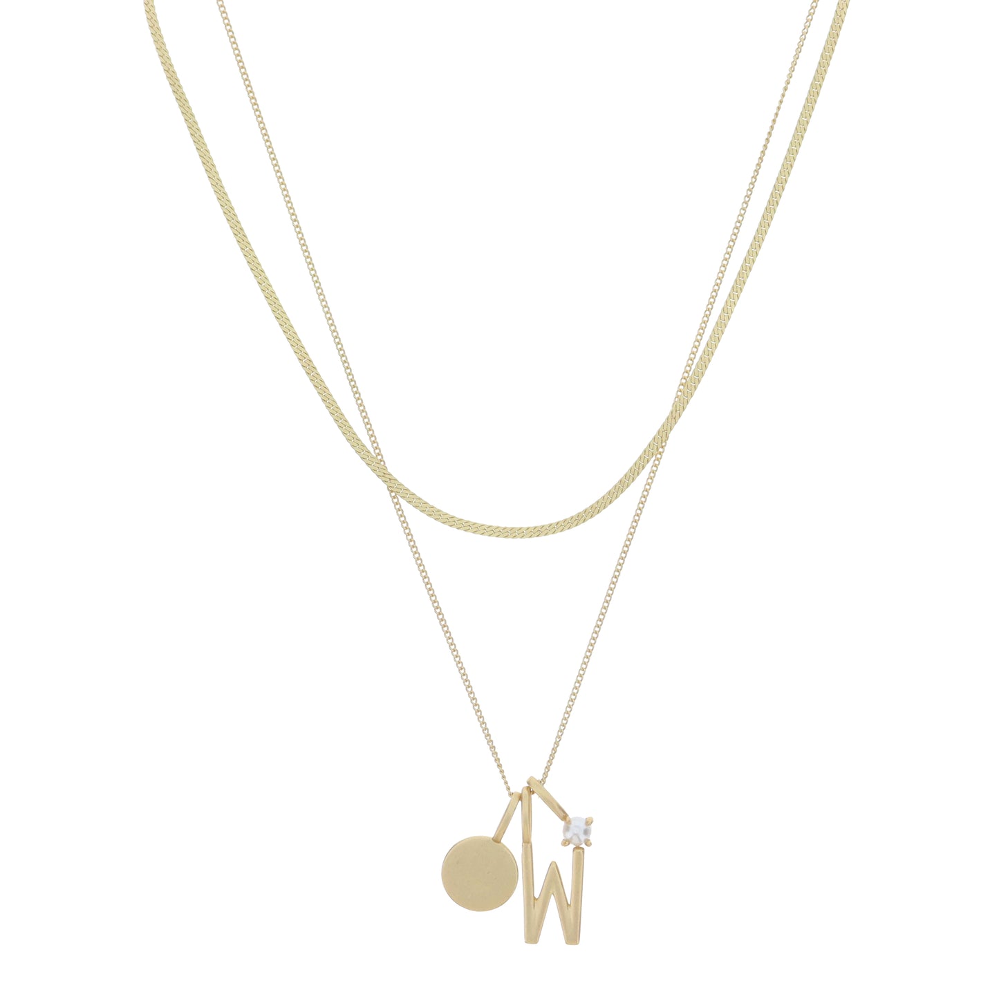 Dainty Herringbone Chain, Gold Chain with Gold Disc, Gold "W" Initial, Pearl Charm Cluster Necklace