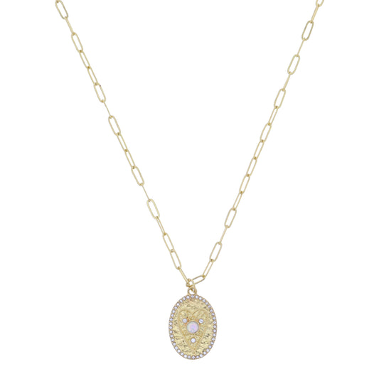 Gold Textured Oval Disc with AB Opalite Center Heart with Mini Clear Crystal Edge Necklace