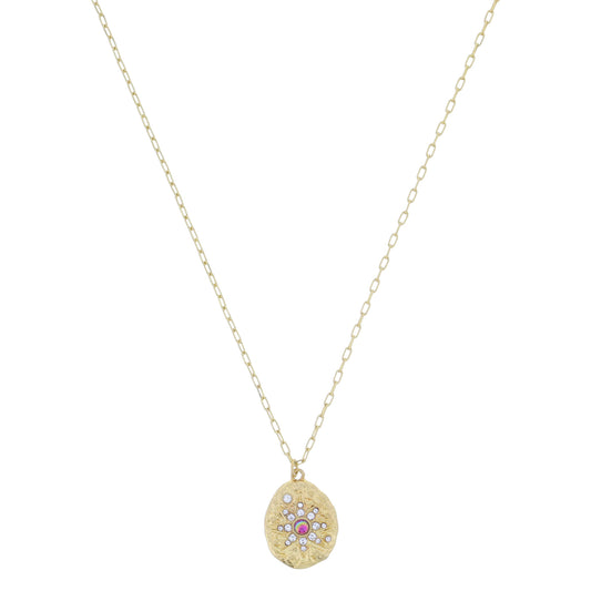 Gold Textured Oval with Clear Crystal Starburst and Purple AB Opalite Center Necklace
