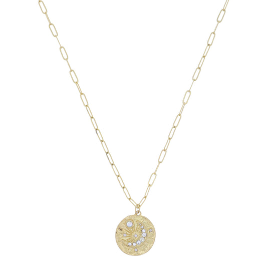 Gold Textured Disc with AB Opalite and Clear Crystal Moon with Mini Moonstone Accents Necklace