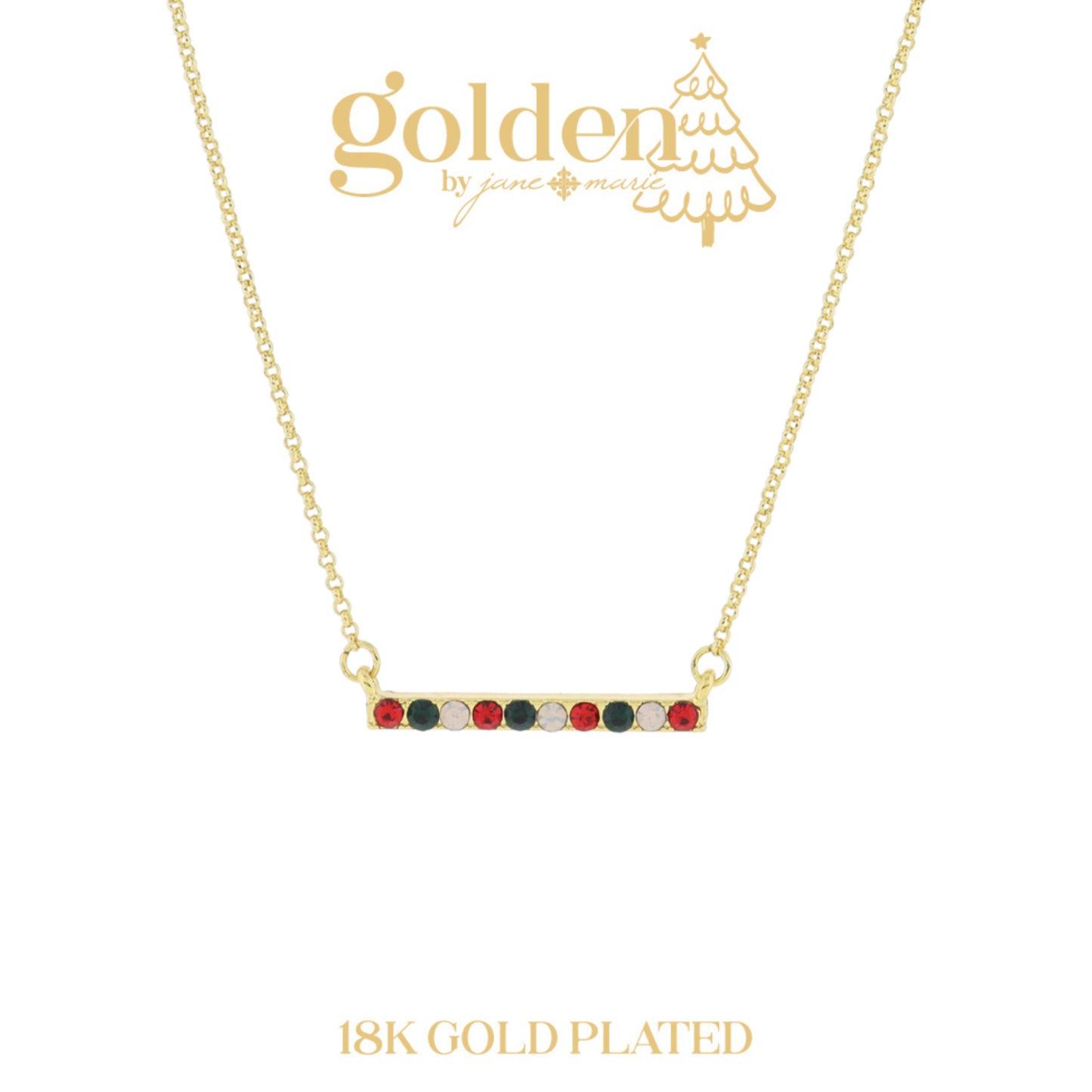 18K Gold Plated Red, Green, Moonstone Multi Crystal Bar Necklace, 3" Ext