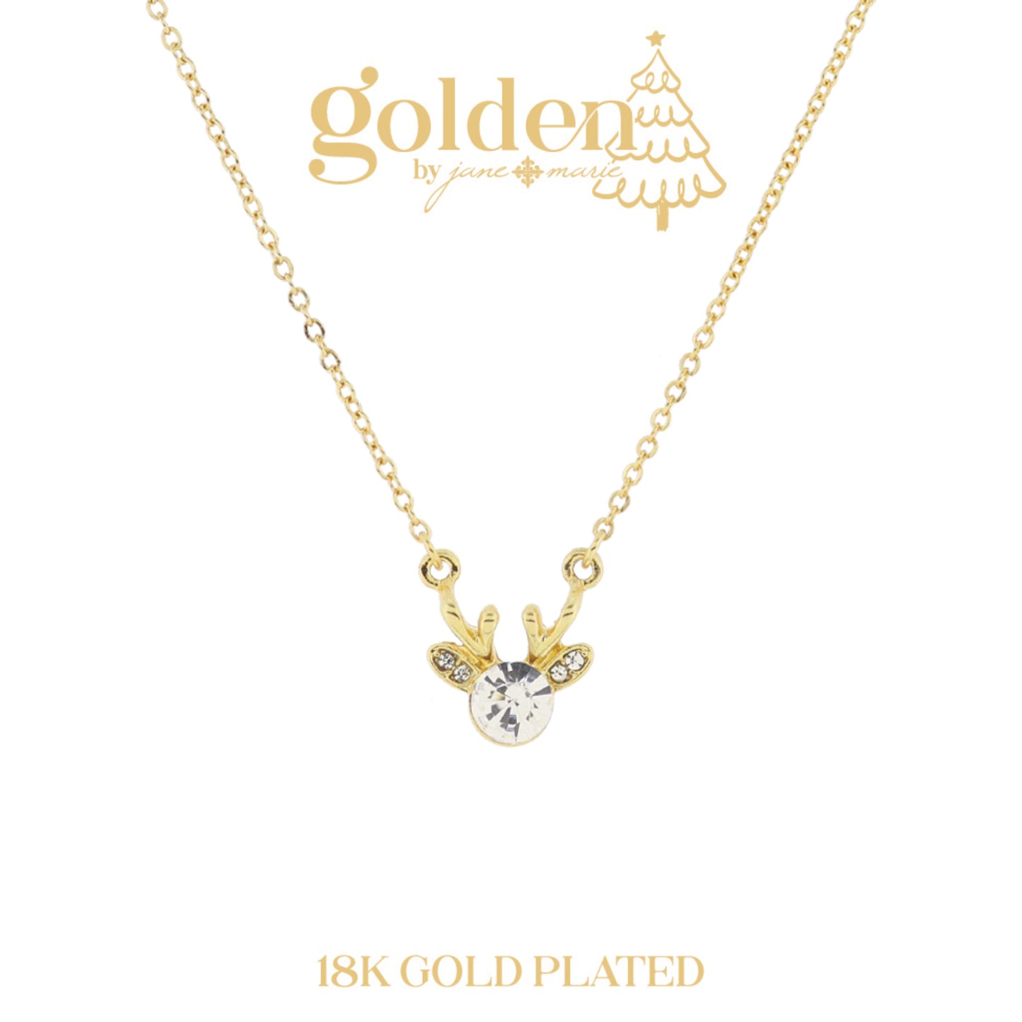 18K Gold Plated Clear Crystal Reindeer Head Necklace, 3" Ext