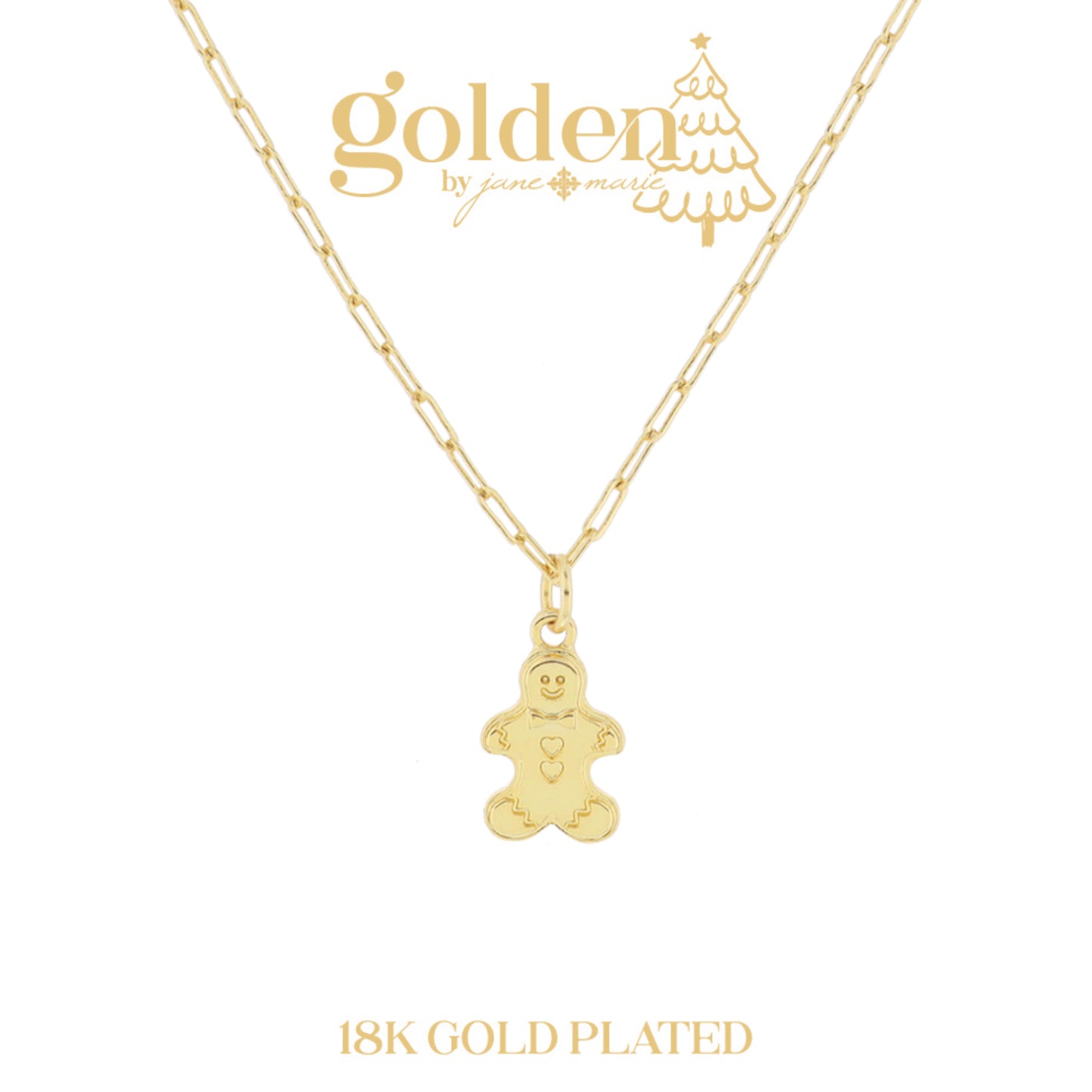 18K Gold Plated Gingerbread Cookie Necklace, 3" Ext