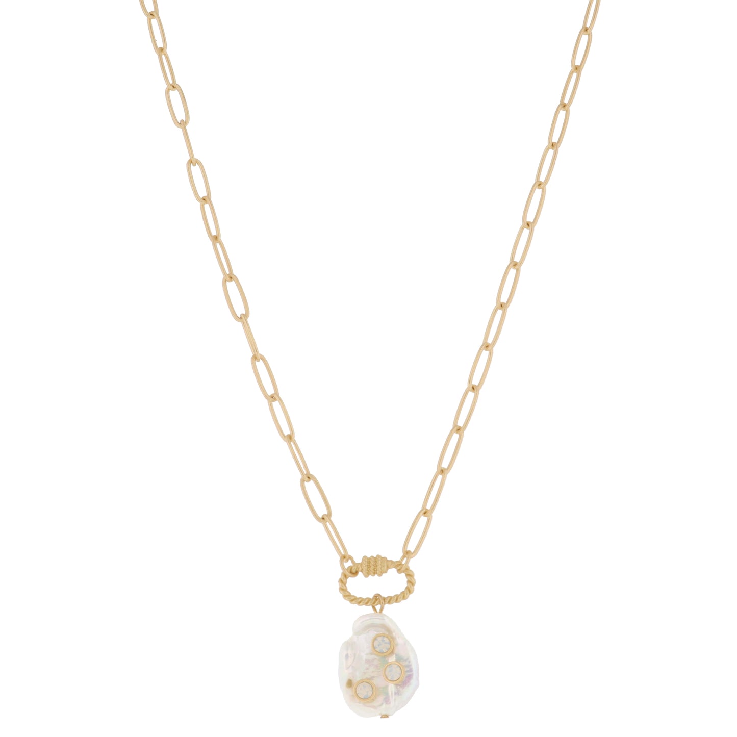 Gold Twist Carabiner & Natural Irregular Coin Pearl with Moonstone Crystals Necklace, .75" Penant