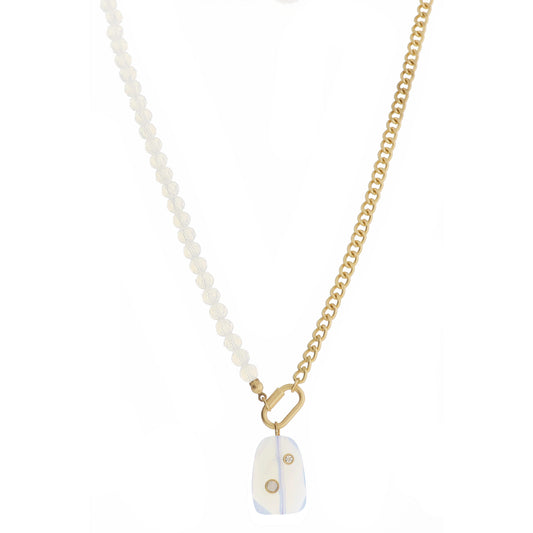 Gold Carabiner and Faceted Opalite Stone with Mini Crystal and Moonstone, Necklace, .85" Penant