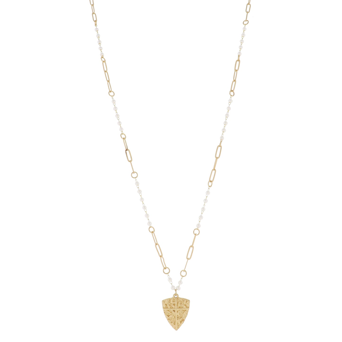 Mini Pearl and Paperclip Chain with Gold Leaf Detail Cross Shield Necklace, .75" Pendants