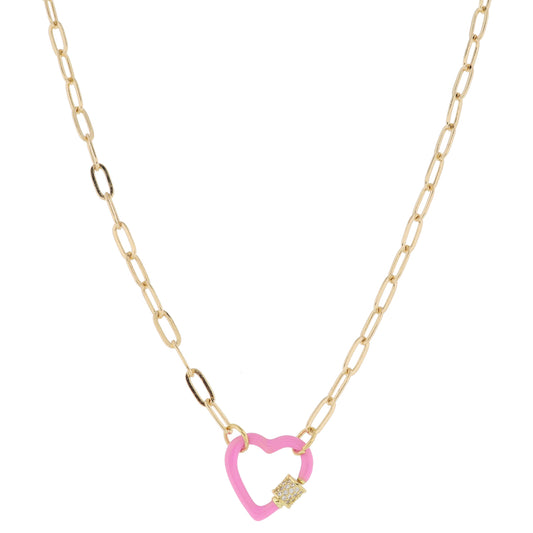 Pink Enamel Dipped Heart Carabiner with Crystal Pave Latch Necklace, .75" Pendant