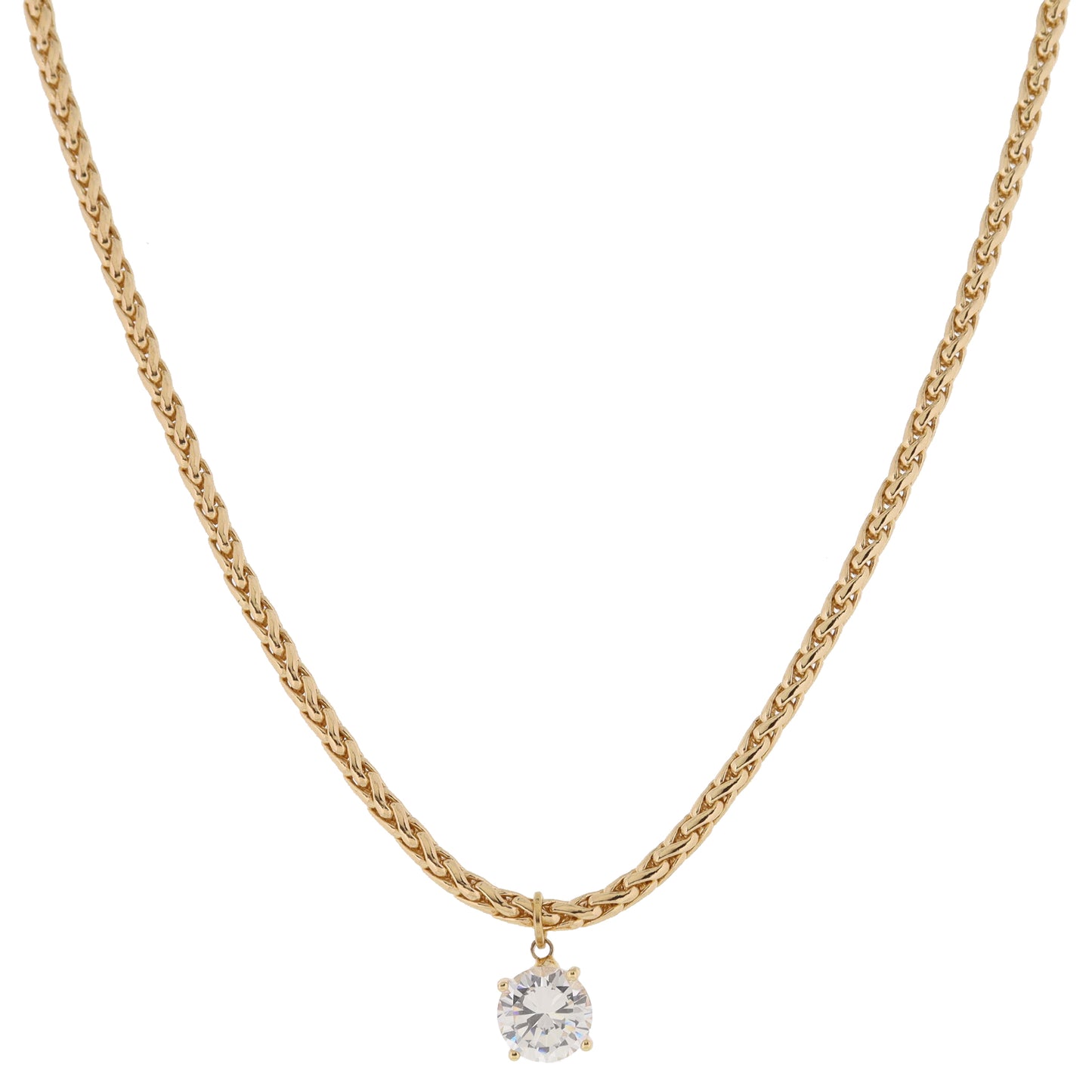 Shiny Gold Wheat Chain with Clear Crystal Drop Necklace, .35" Pendant