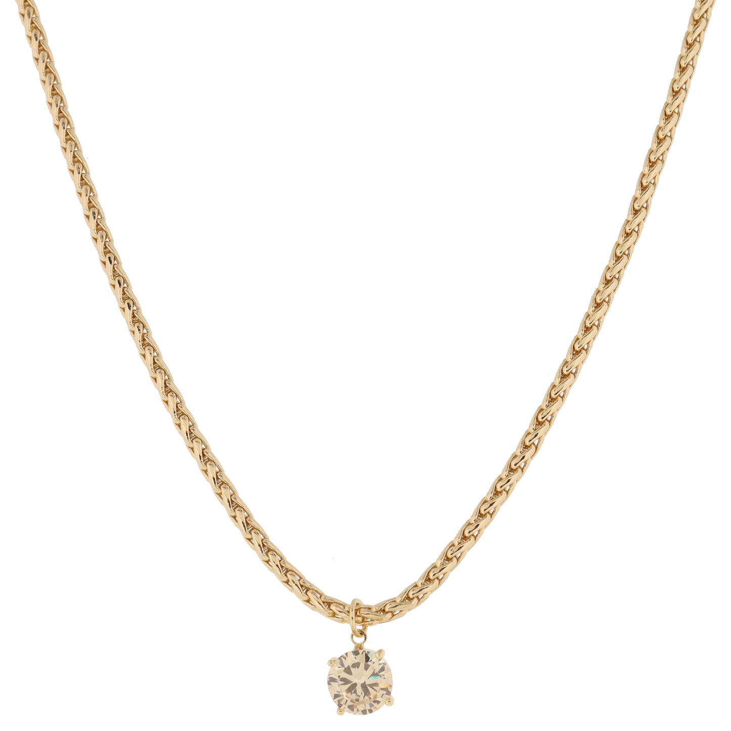 Shiny Gold Wheat Chain with Champagne Crystal Drop Necklace, .35" Pendant