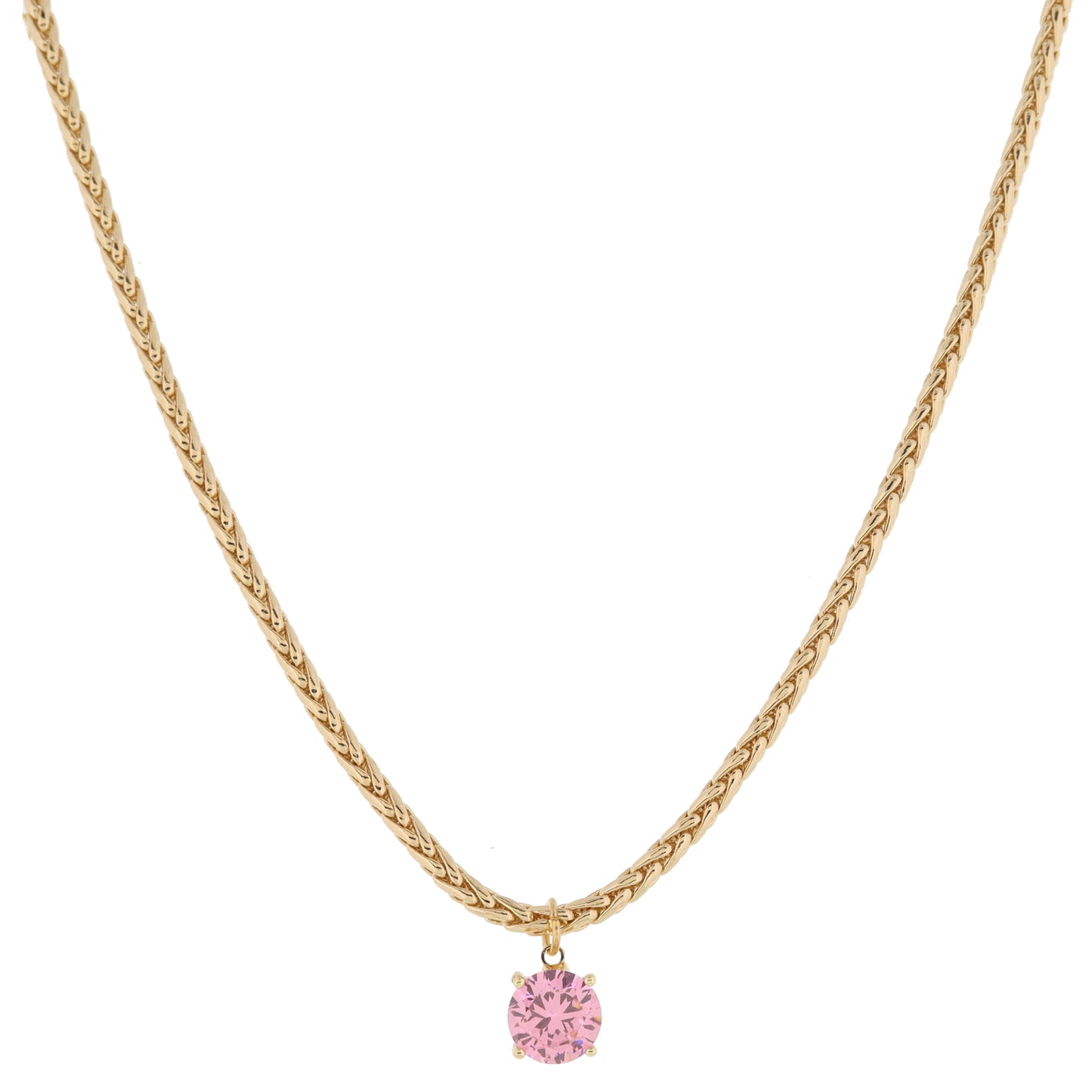 Shiny Gold Wheat Chain with Pink Crystal Drop Necklace, .35" Pendant