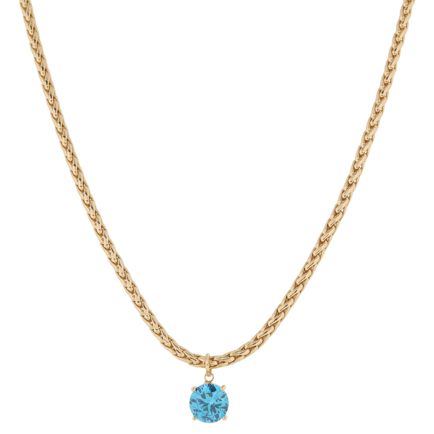 Shiny Gold Wheat Chain with Aqua Crystal Drop Necklace, .35" Pendant