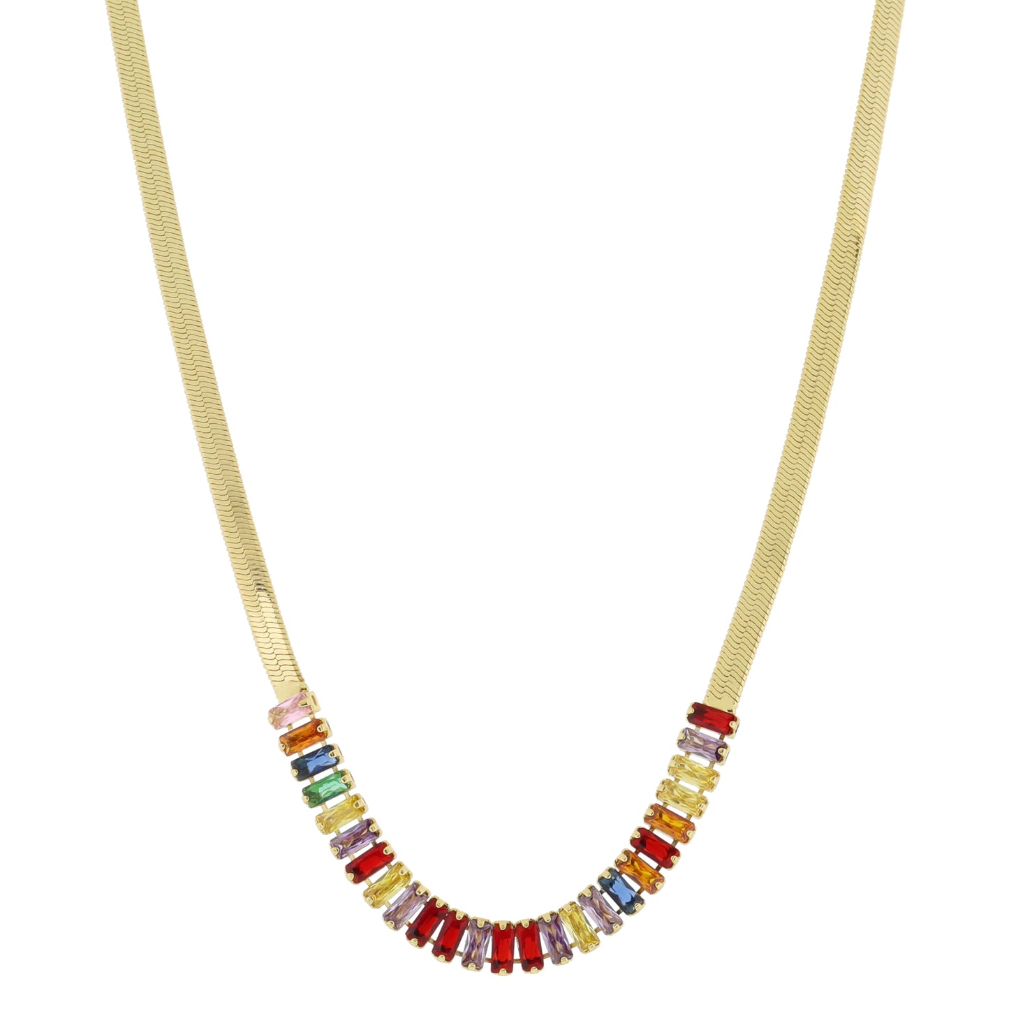 18K Gold Plated Herringbone Chain & Baguette Cubic Zirconia Crystal Portion Necklace, .25" Pendant