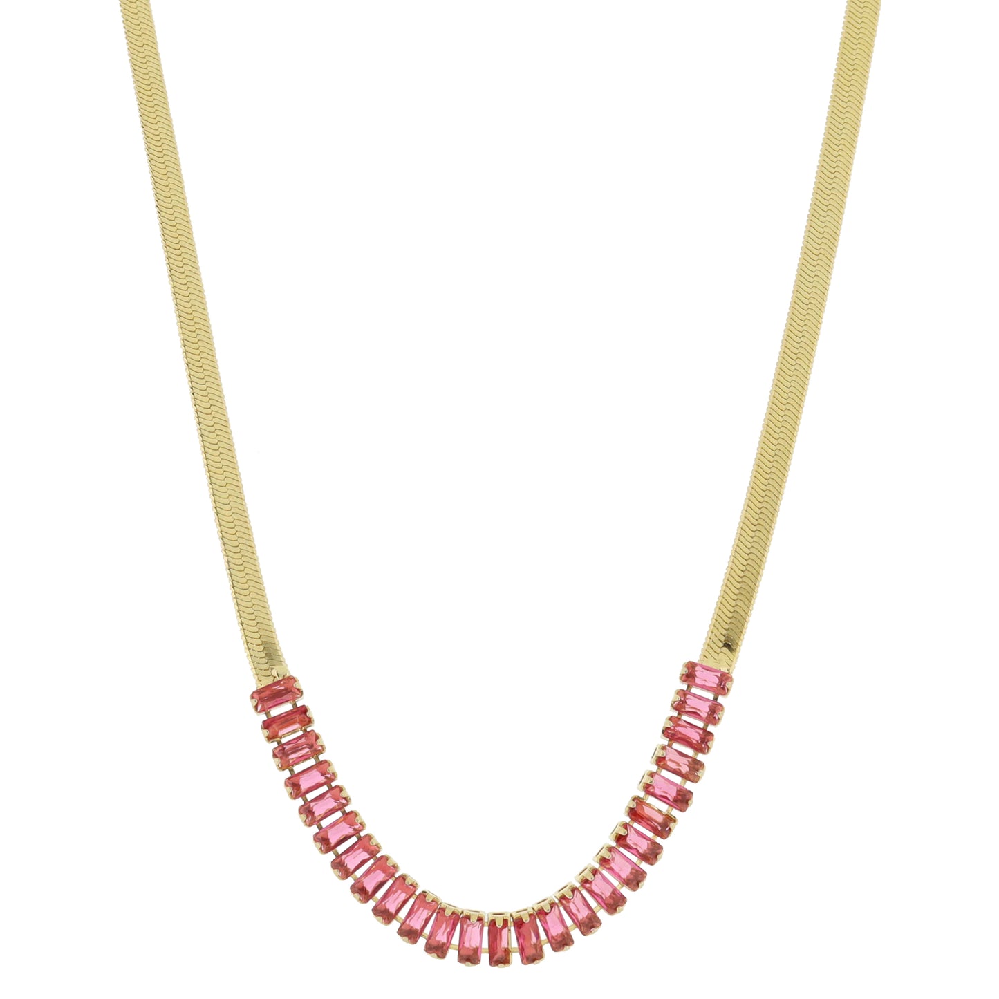 18K Gold Plated Herringbone Chain with Coral Baguette Cubic Zirconia Crystal Necklace, .25" Pendant