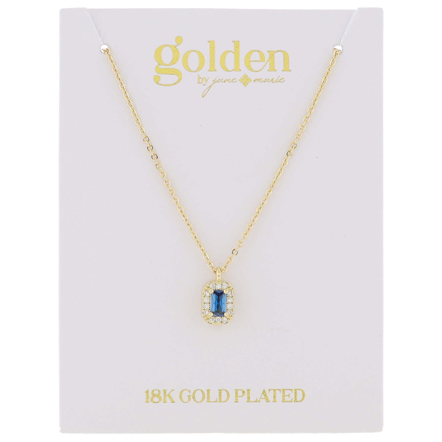 18K Gold Plated Light Sapphire Baguette with Mini Crystal Outline Necklace, .35" Pendant