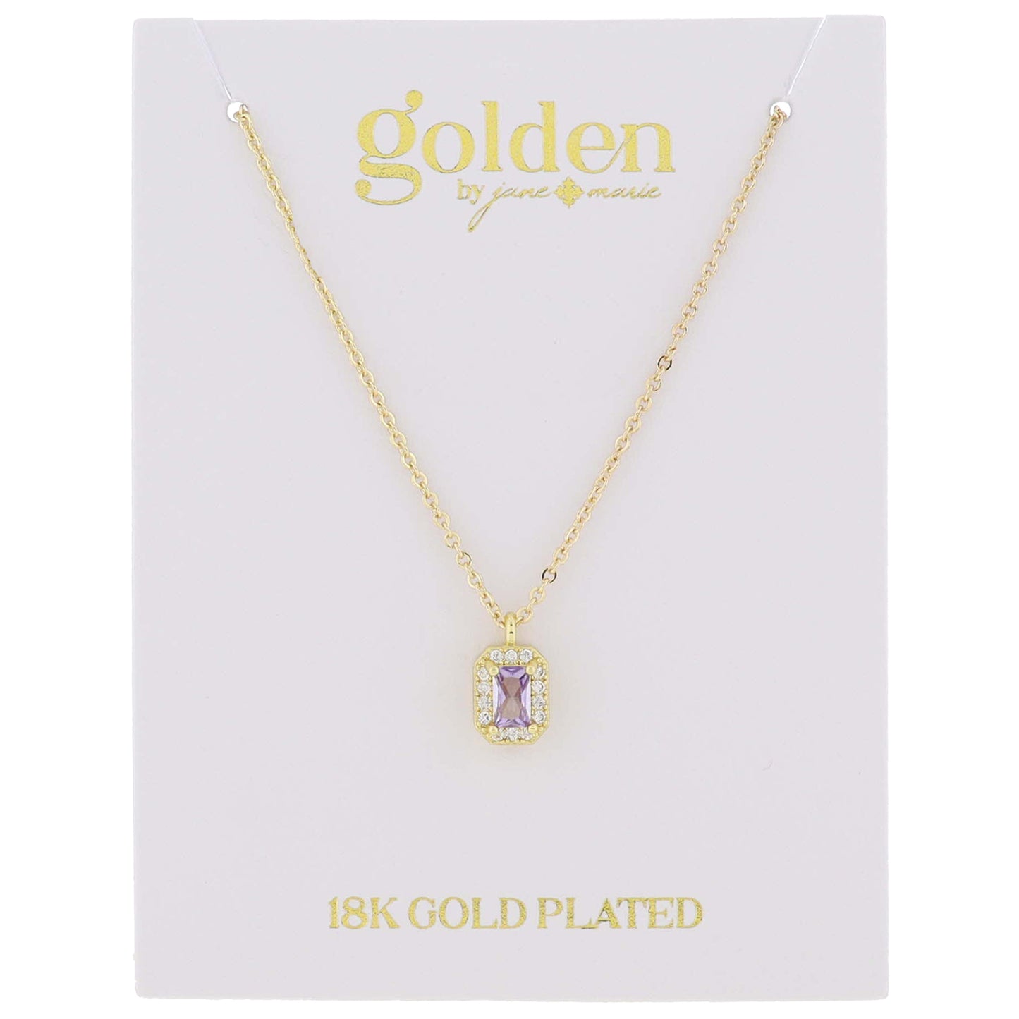 18K Gold Plated Light Amethyst Baguette with Mini Crystal Outline Necklace, .35" Pendant