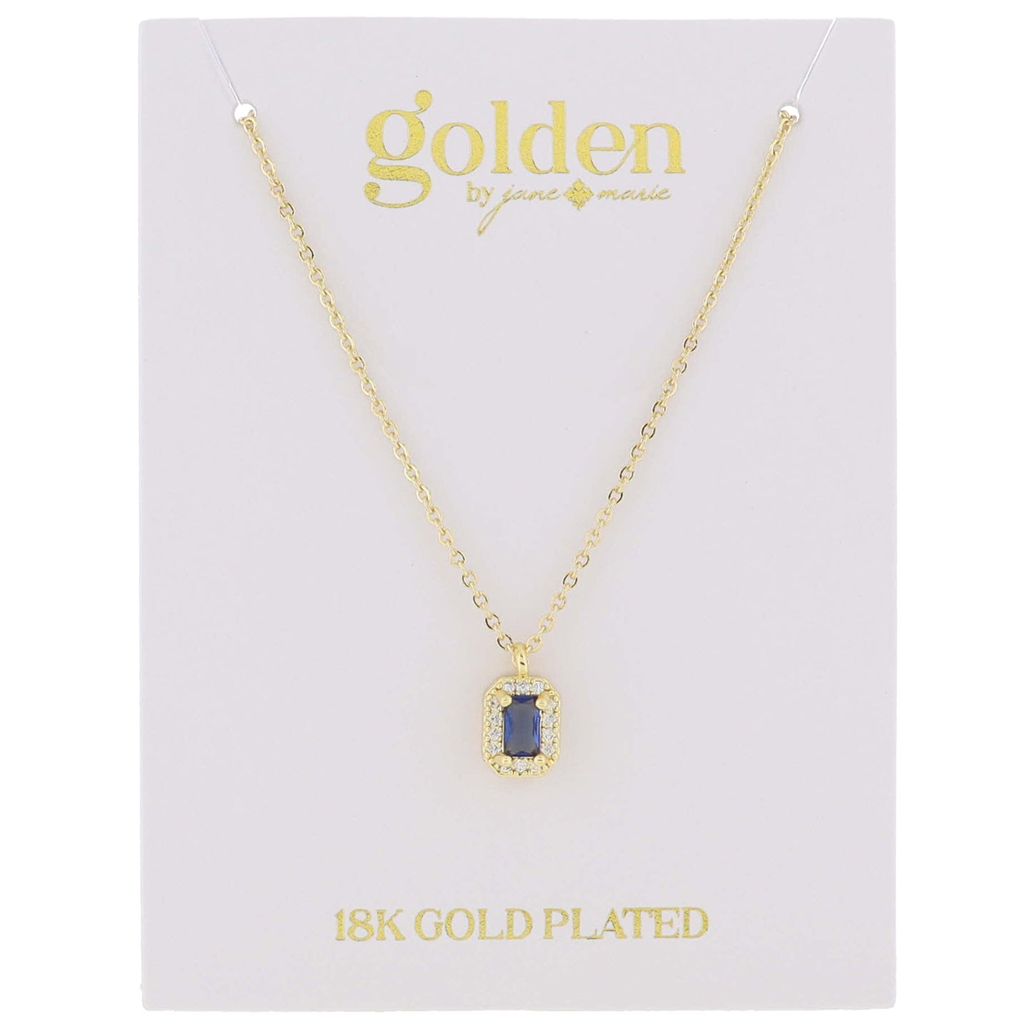 18K Gold Plated Sapphire Baguette with Mini Crystal Outline Necklace, .35" Pendant