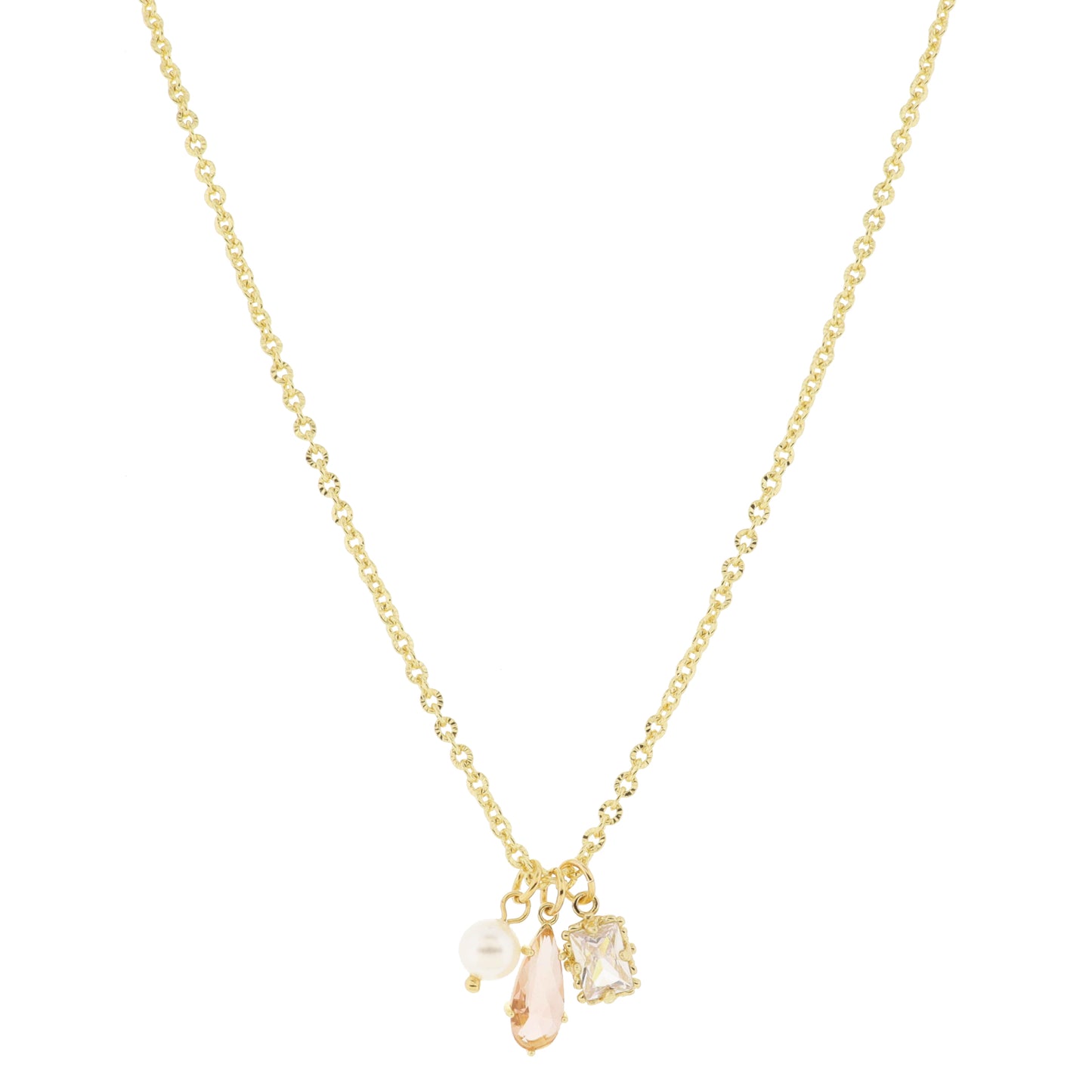 18K Gold Plated Pearl, Champagne Teardrop, Emerald Cluster Necklace, .25", .5", .35" Pendants