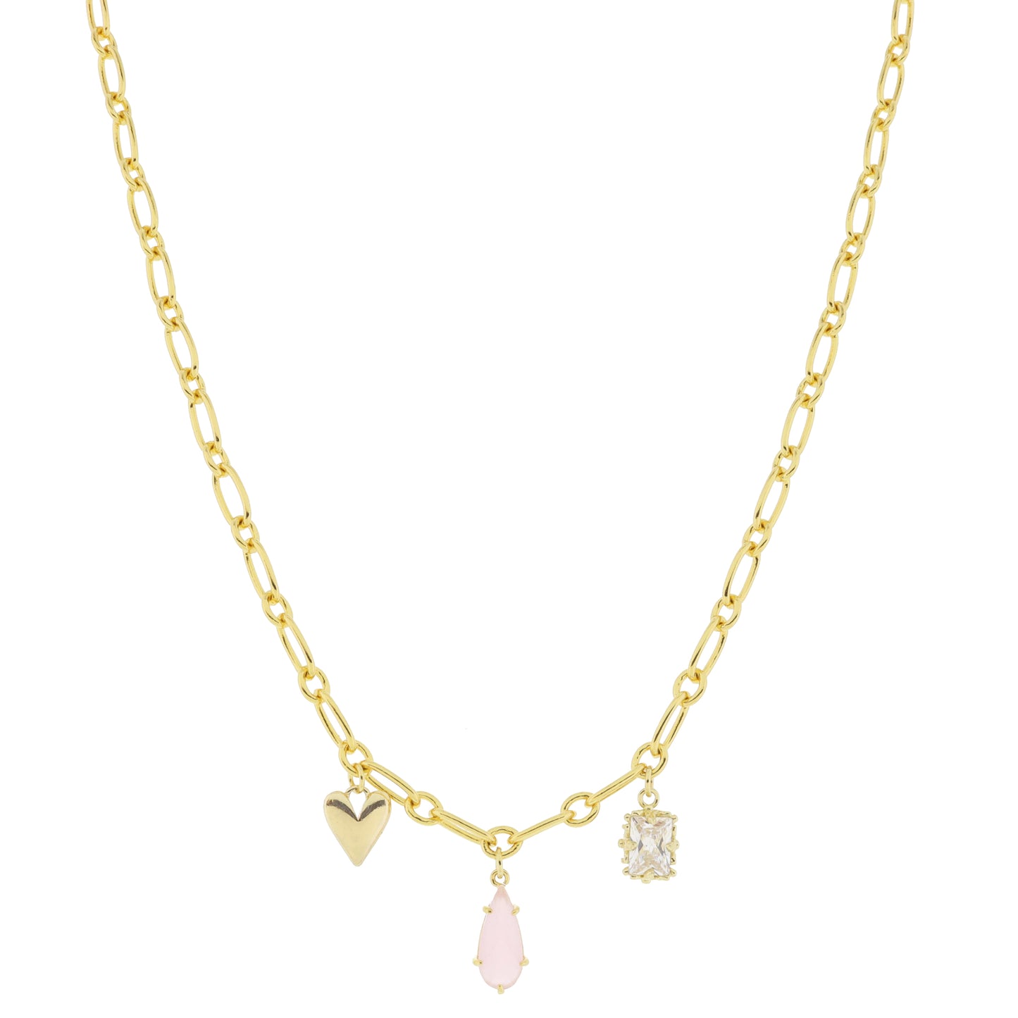 18K Gold Plated Heart, Pink Teardrop, Emerald Crystal Charms Necklace, .5", .5", .35" Pendants