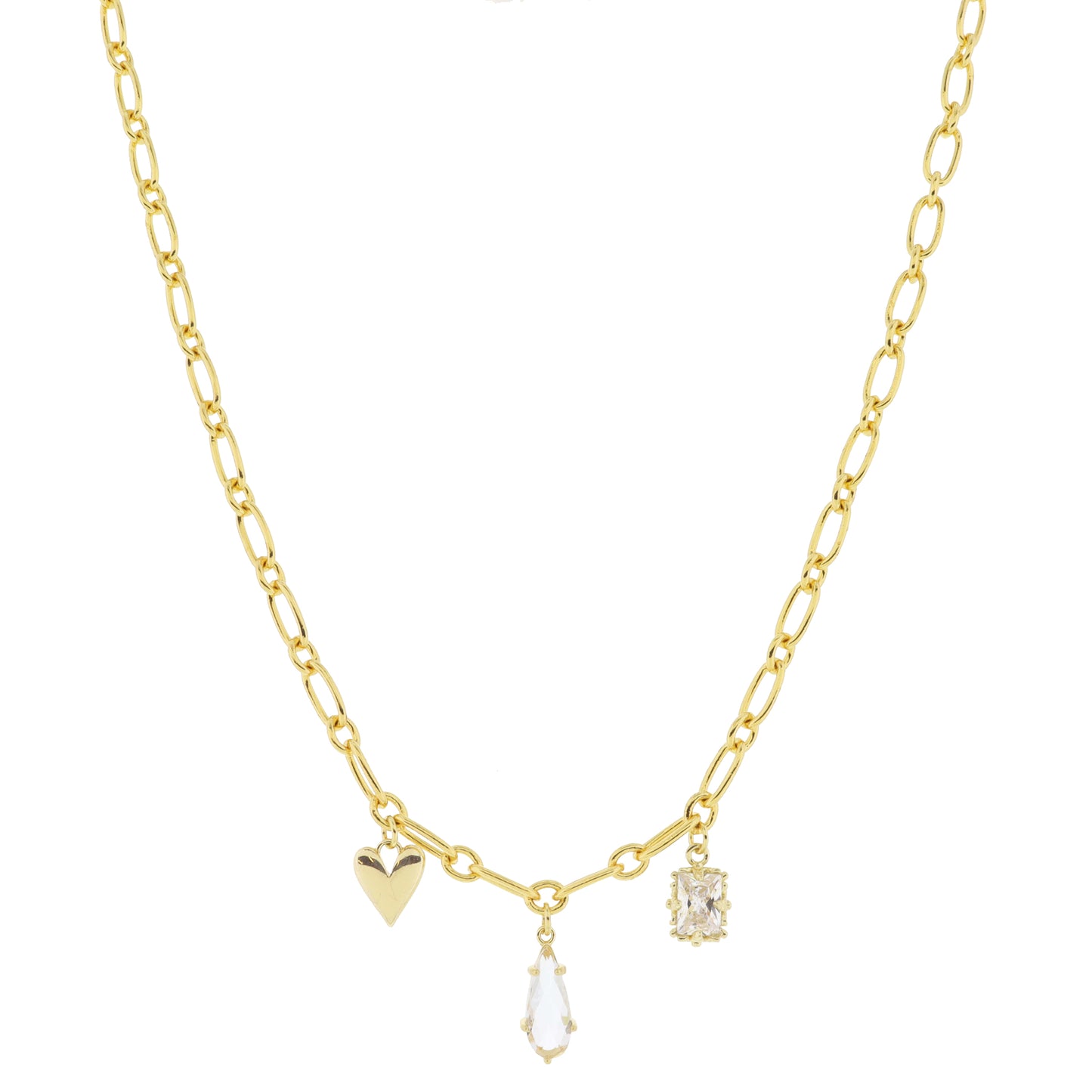 18K Gold Plated Heart, Teardrop Crystal, Emerald Crystal Charms Necklace, .5", .5", .35" Pendants