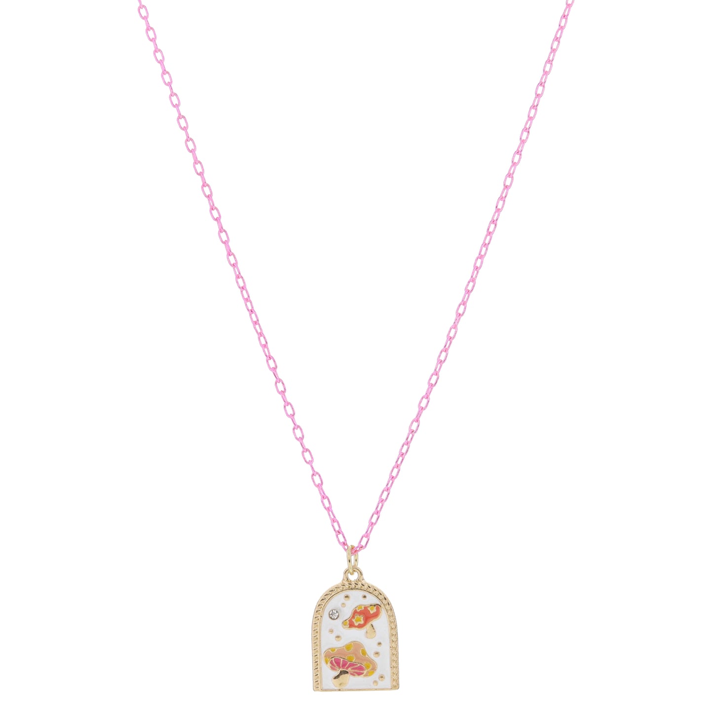 Kids White and Multi Enamel Mushrooms with Mini Crystal Accent Necklace, .65" Pendant
