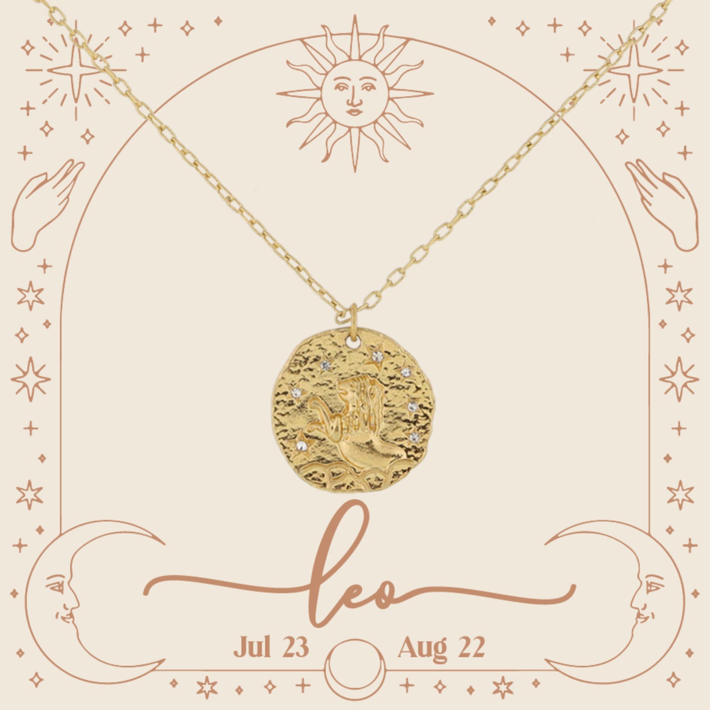 Gold Leo Zodiac Disc with Mini Crystal Star Accents Necklace, .75" Pendant