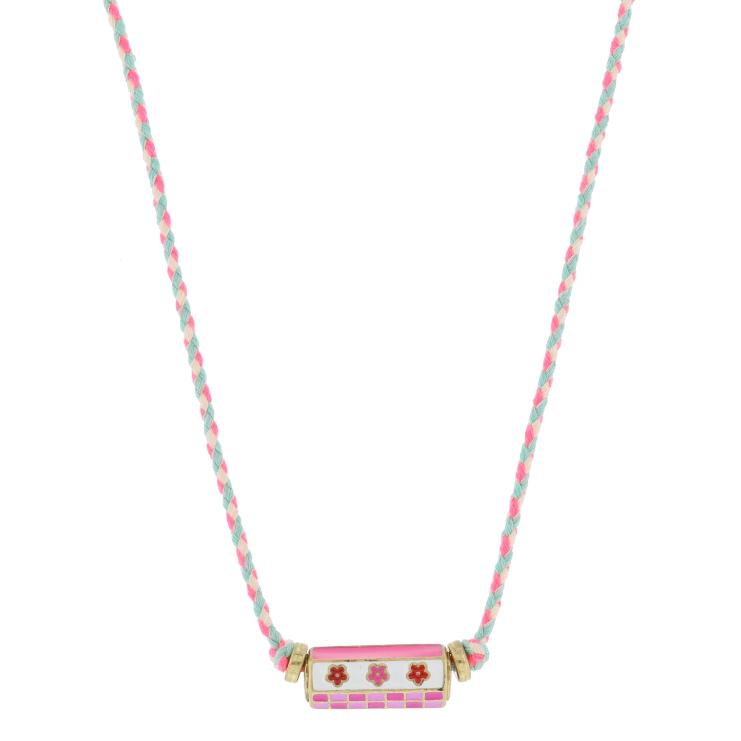 Kids 6-Sided Enamel Cylinder Bar, Magenta & Lavender Checker, Flower, Necklace, .35" x .85" Pendant