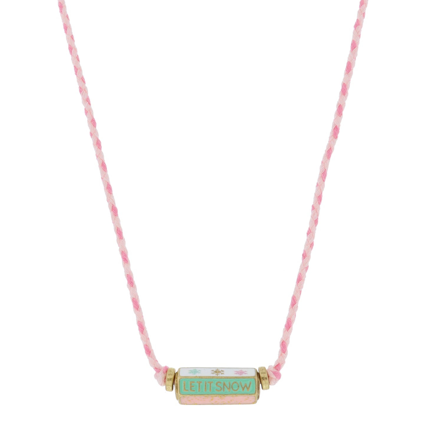 Kids 6-Sided Enamel Cylinder Bar, Snowflakes, "LET IT SNOW", Pink Necklace, .35" x .85" Pendant