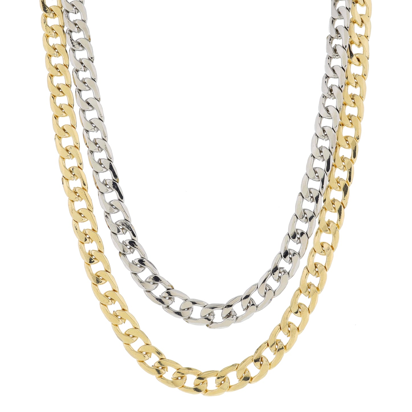2 Layer Chunky 2-Tone Silver Cuban Curb Chain & Gold Cuban Curb Chain Necklace, .35", .35" Pendant