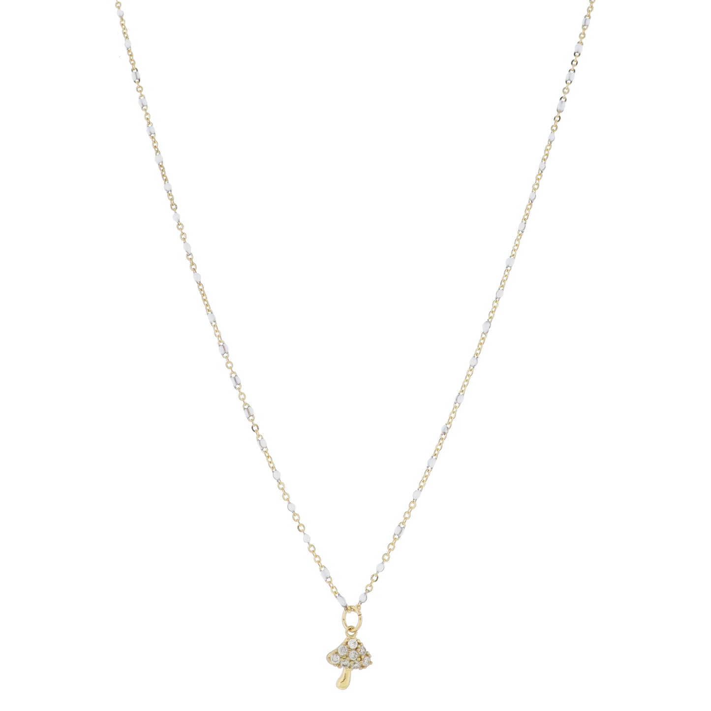 Dainty White Enamel Satellite Chain with Pave Crystal Mushroom Necklace, .35" Pendants