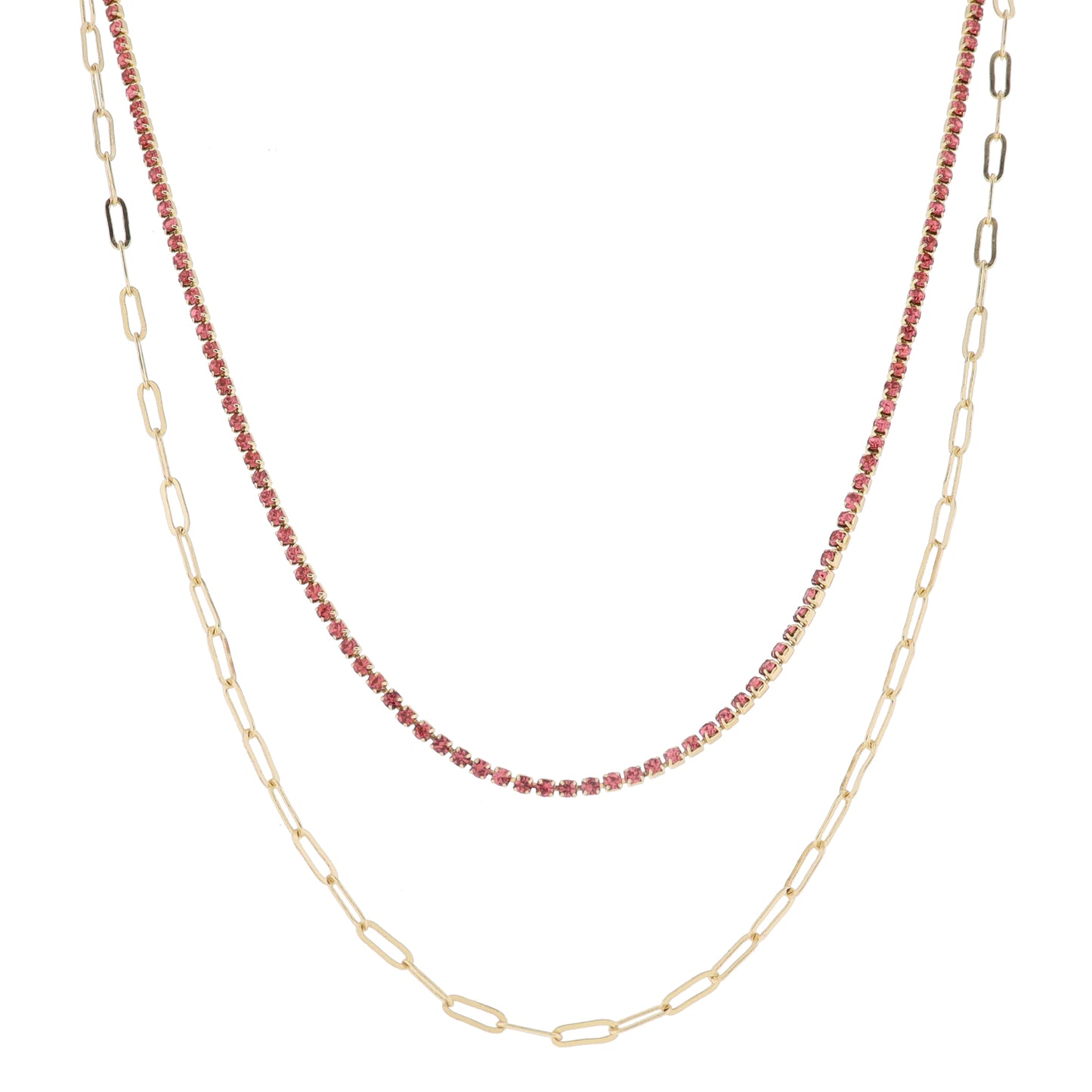 2 Layer Mini Pink Crystal Strand and Gold Paperclip Strand Necklace,