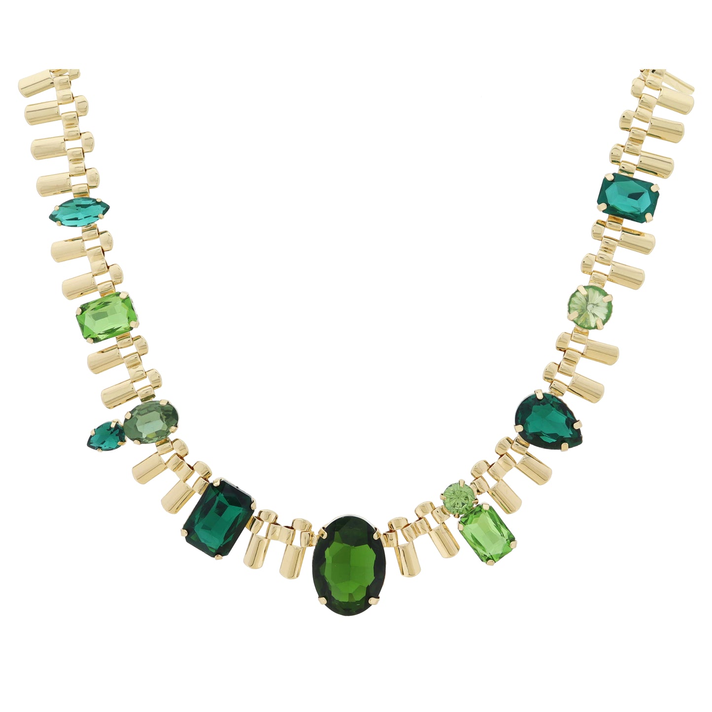 Decorative Gold Chain with Green Crystals Necklace, .5", .85", .75", 1", .85", .75", .5", .5" Wide