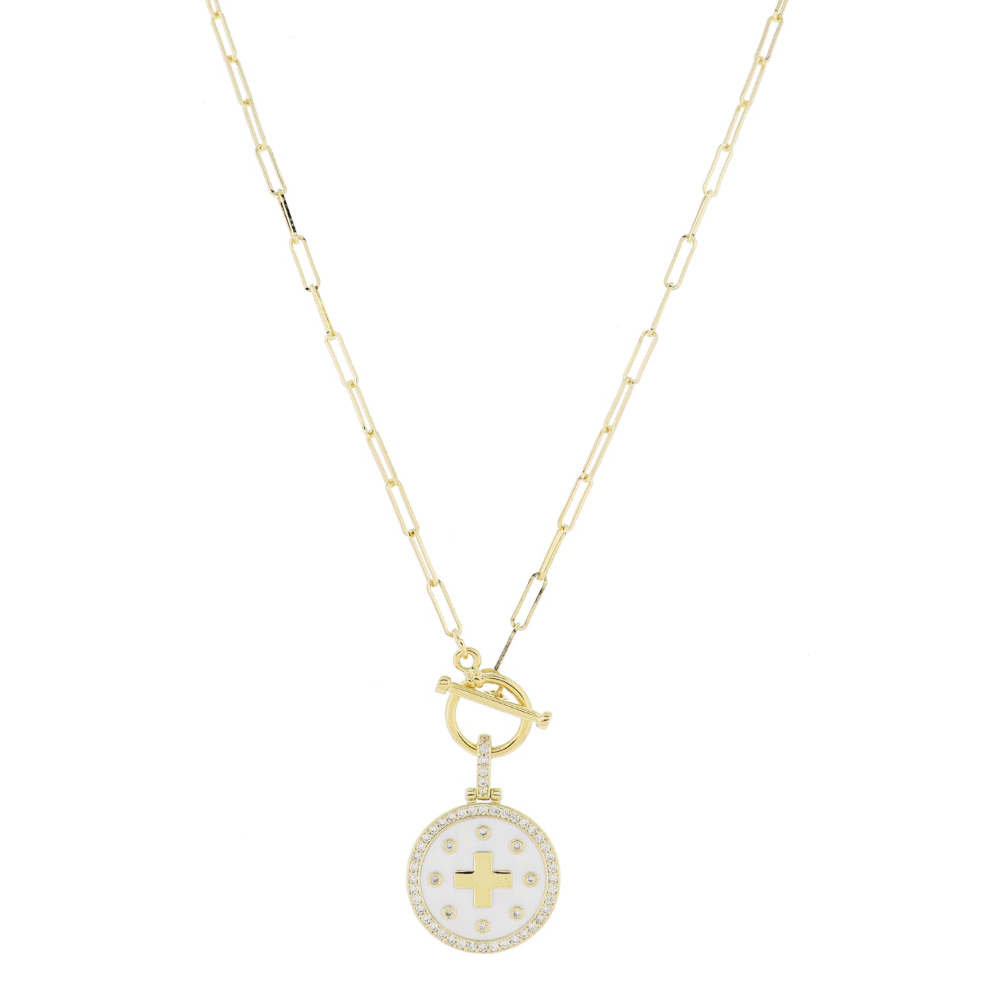 16" Gold Toggle with Crystal Link and White Enamel with Crystal Square Cross Disc Necklace, 3" Ext